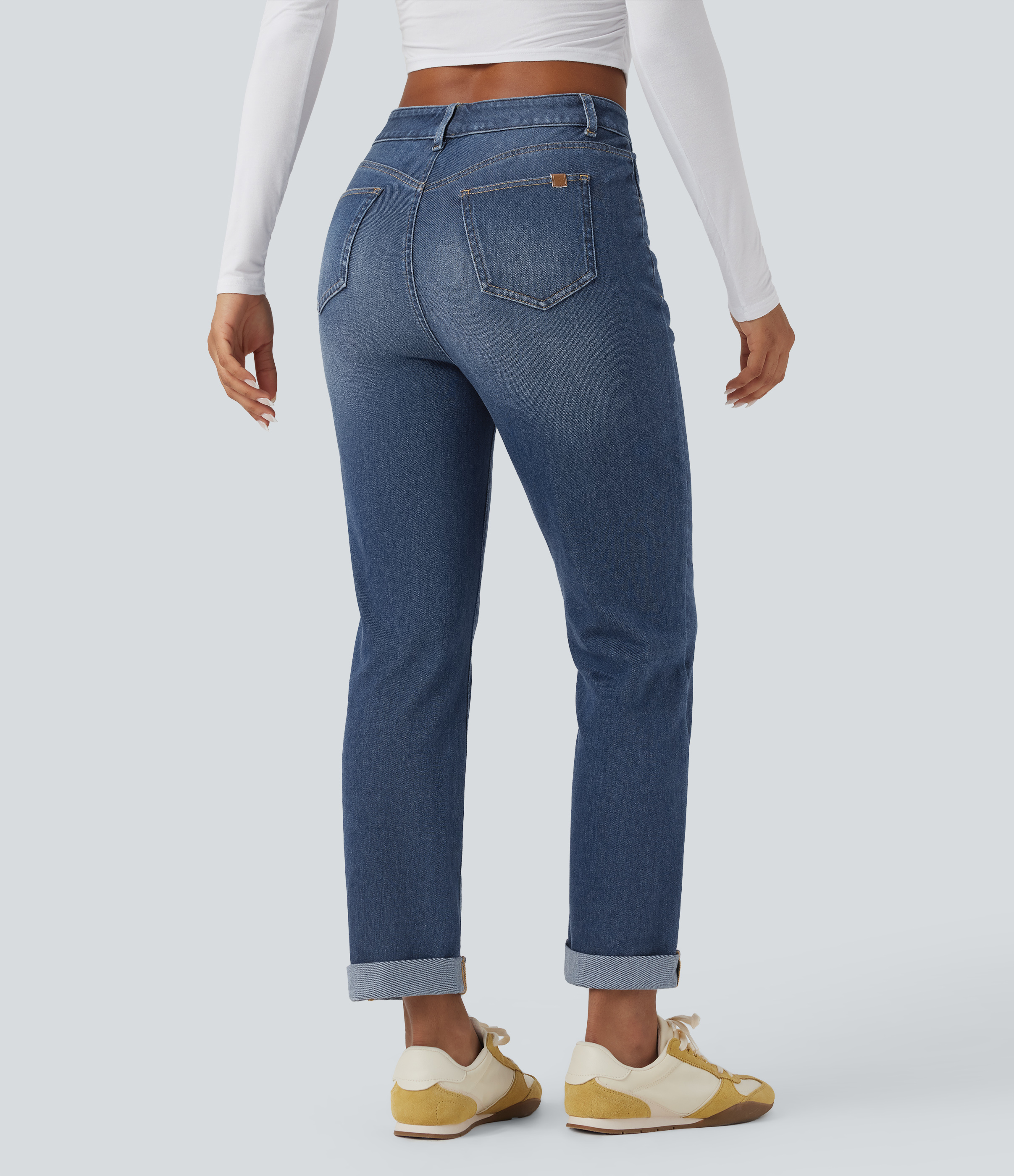 Estate Blue Denim Halara Flex™ jeans slim casual de cintura alta con dobladillo enrollado y bolsillos / 2