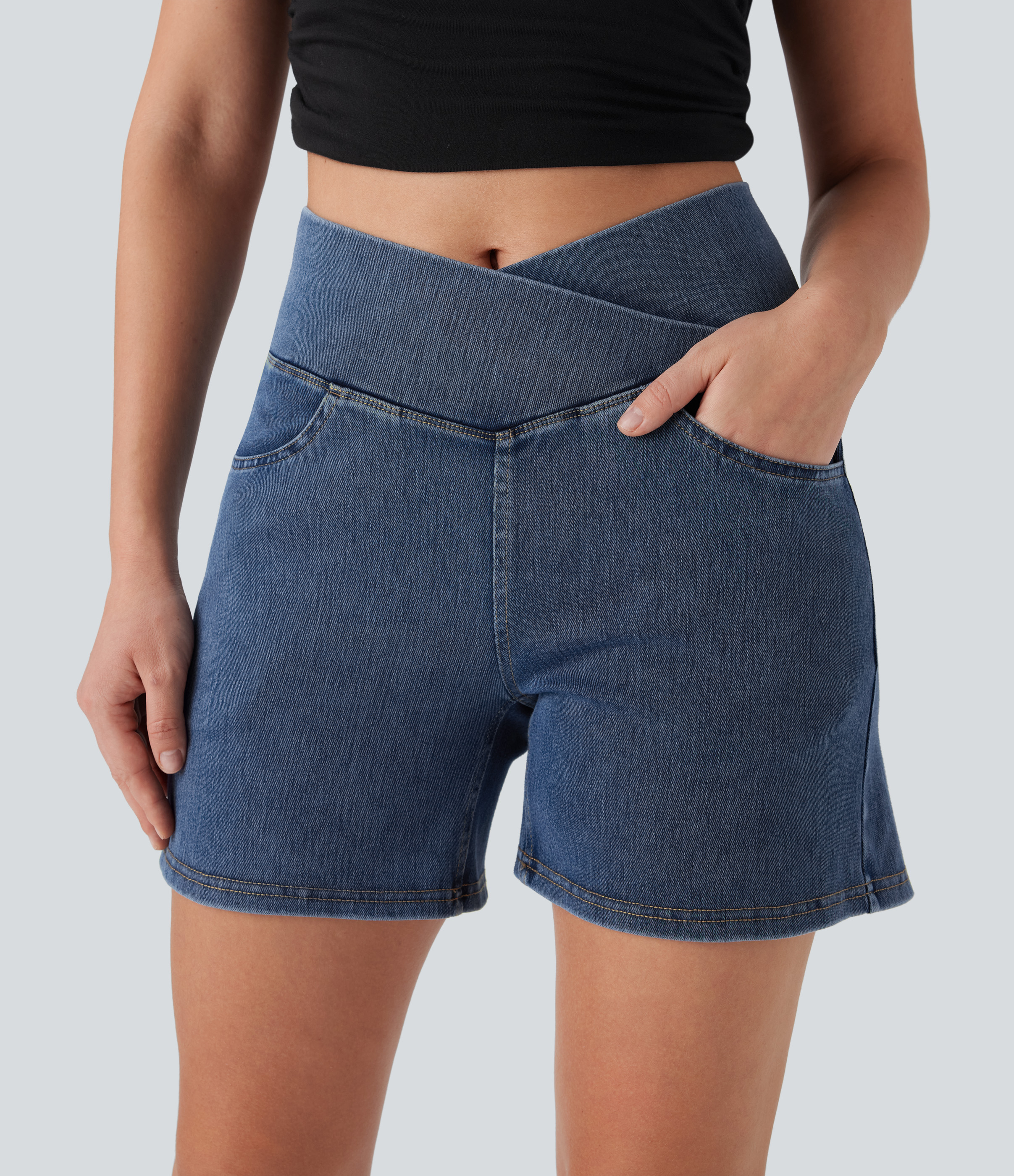 Halara Flex™ Crossover High Waisted Pockets Wide Leg A Line Washed Denim Casual Shorts