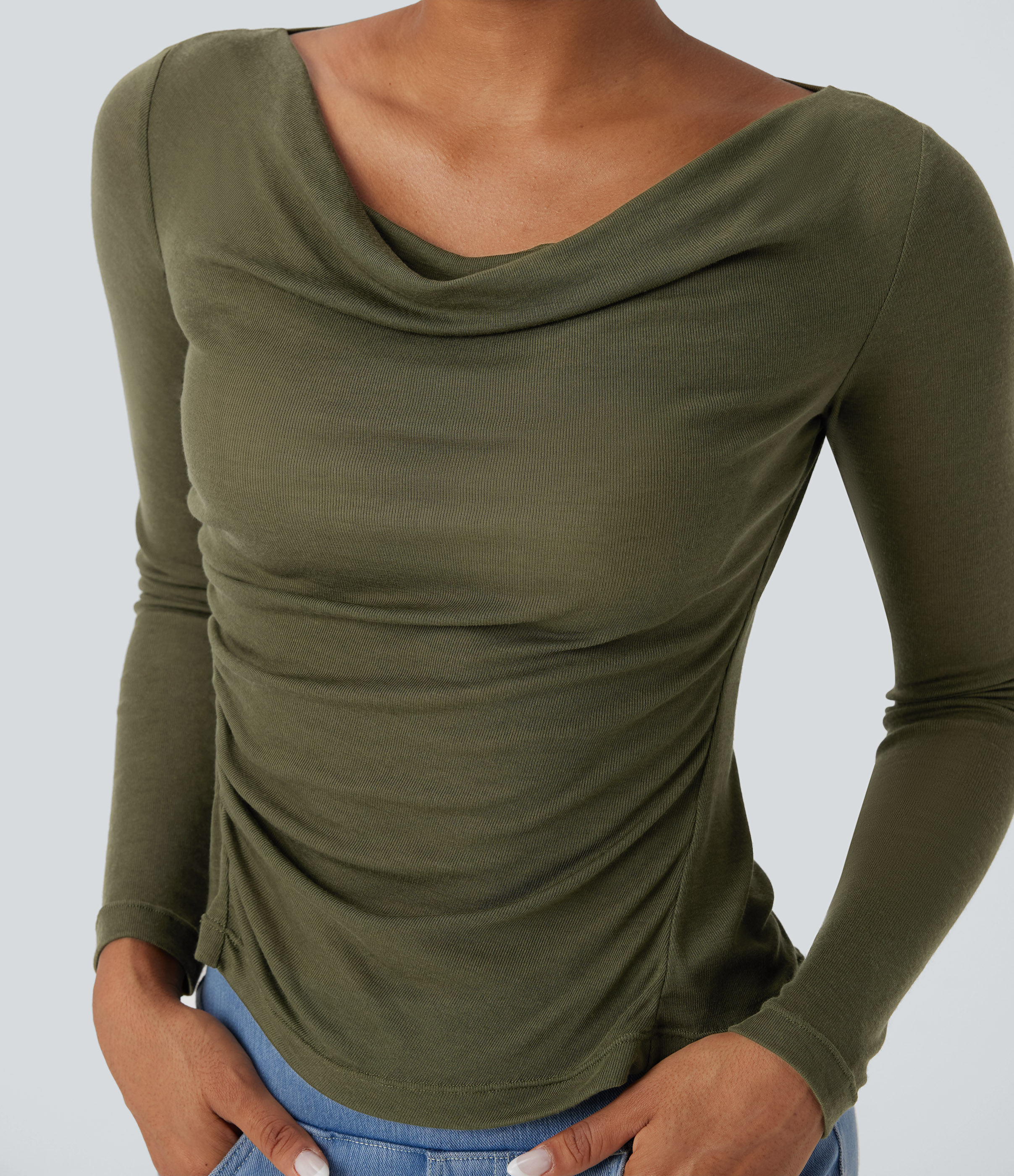 Cowl Neck Long Sleeve Ruched Casual Wool-Blend Top