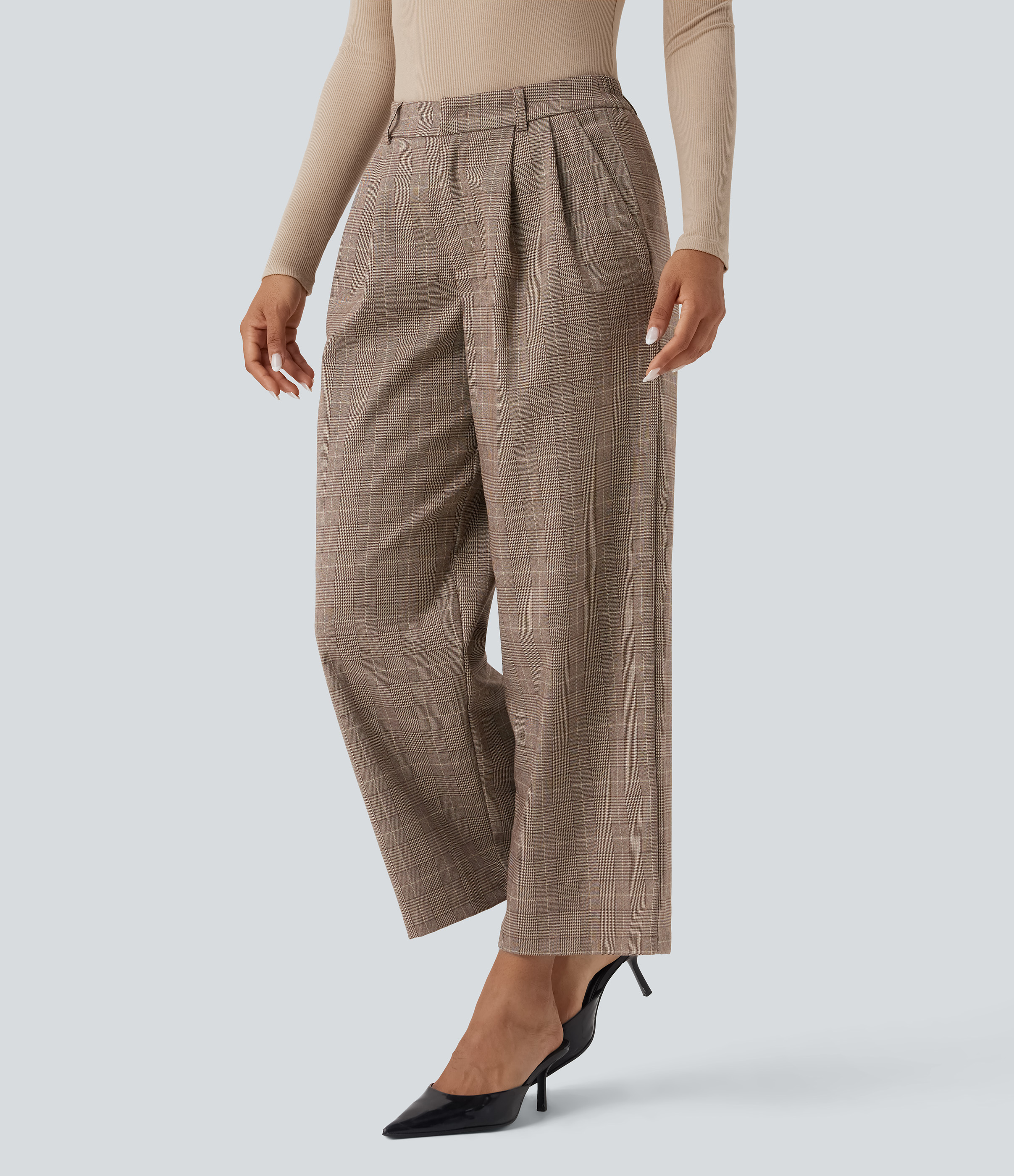 Pantalon de travail Halara Flex™ 7/8 droit à carreaux pied-de-poule, taille mi-haute, avec poches