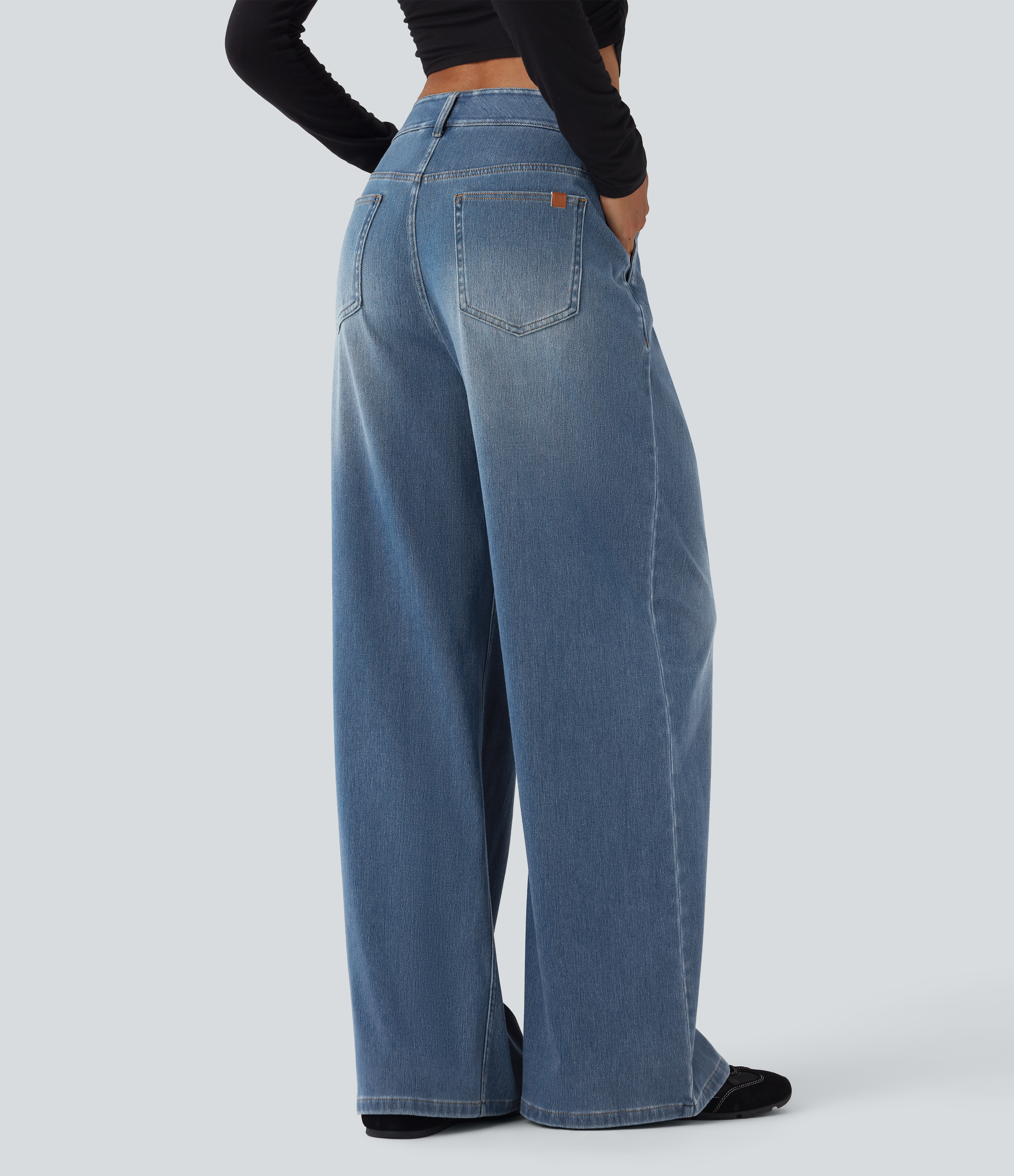 Tide Blue Denim Vaqueros anchos Halara Flex™ casuales de tiro medio con bolsillos / 2