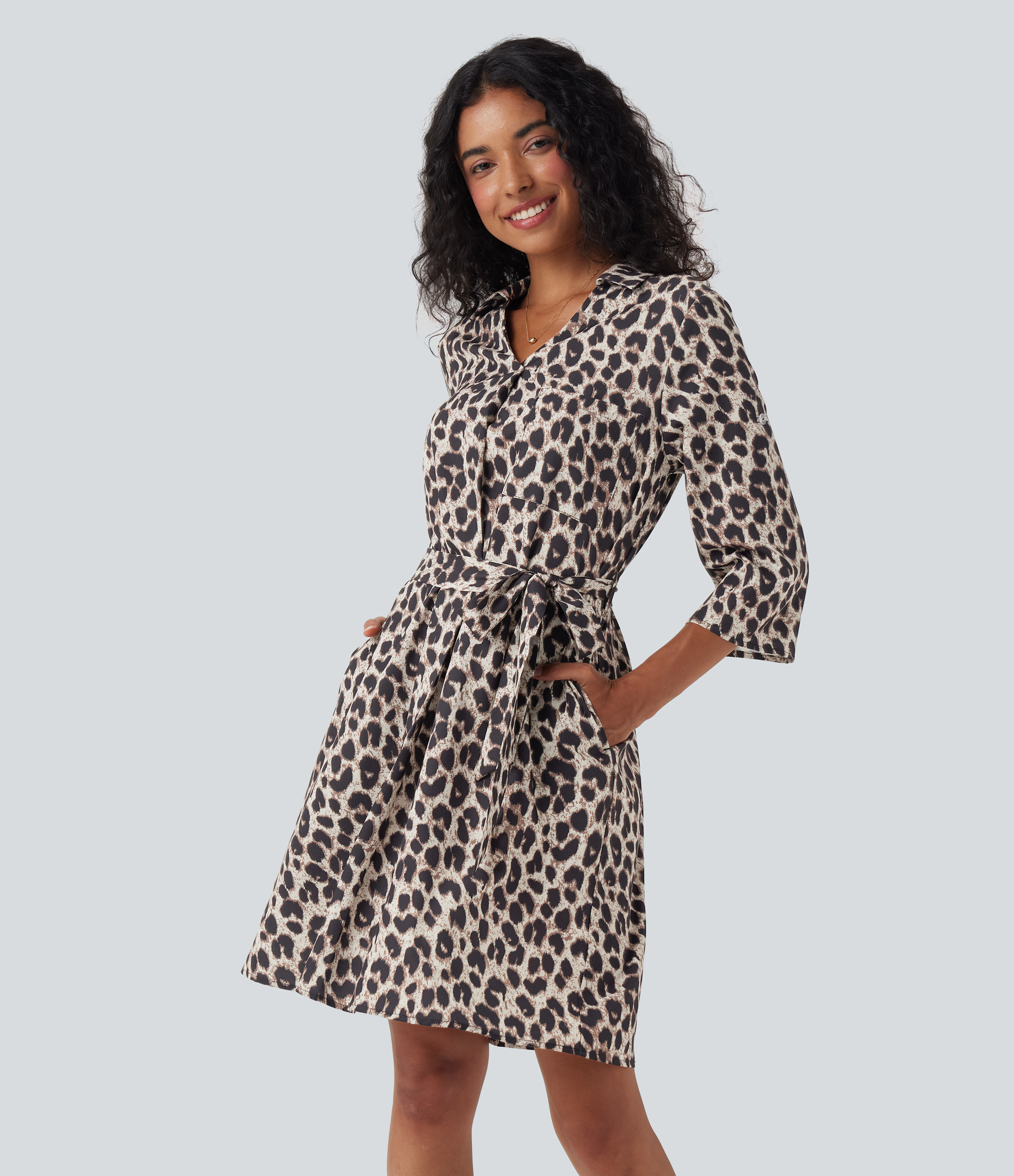 Roll Up Sleeve Belted Leopard Print Casual Shirt Dress with Pockets