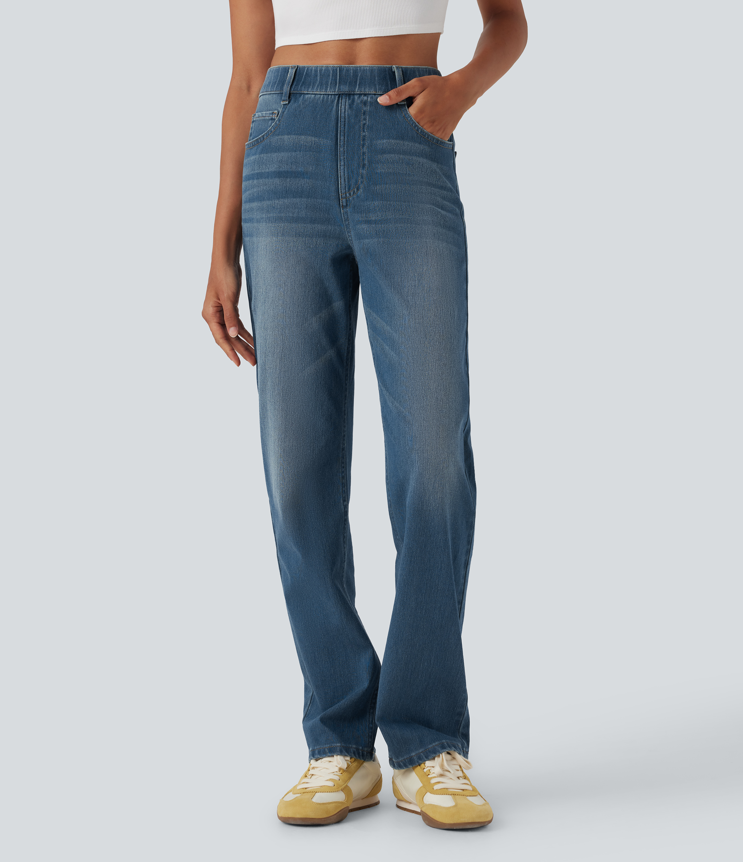 Halara Flex™ High Waisted Tummy Control Pockets Straight Leg Washed Casual Jeans