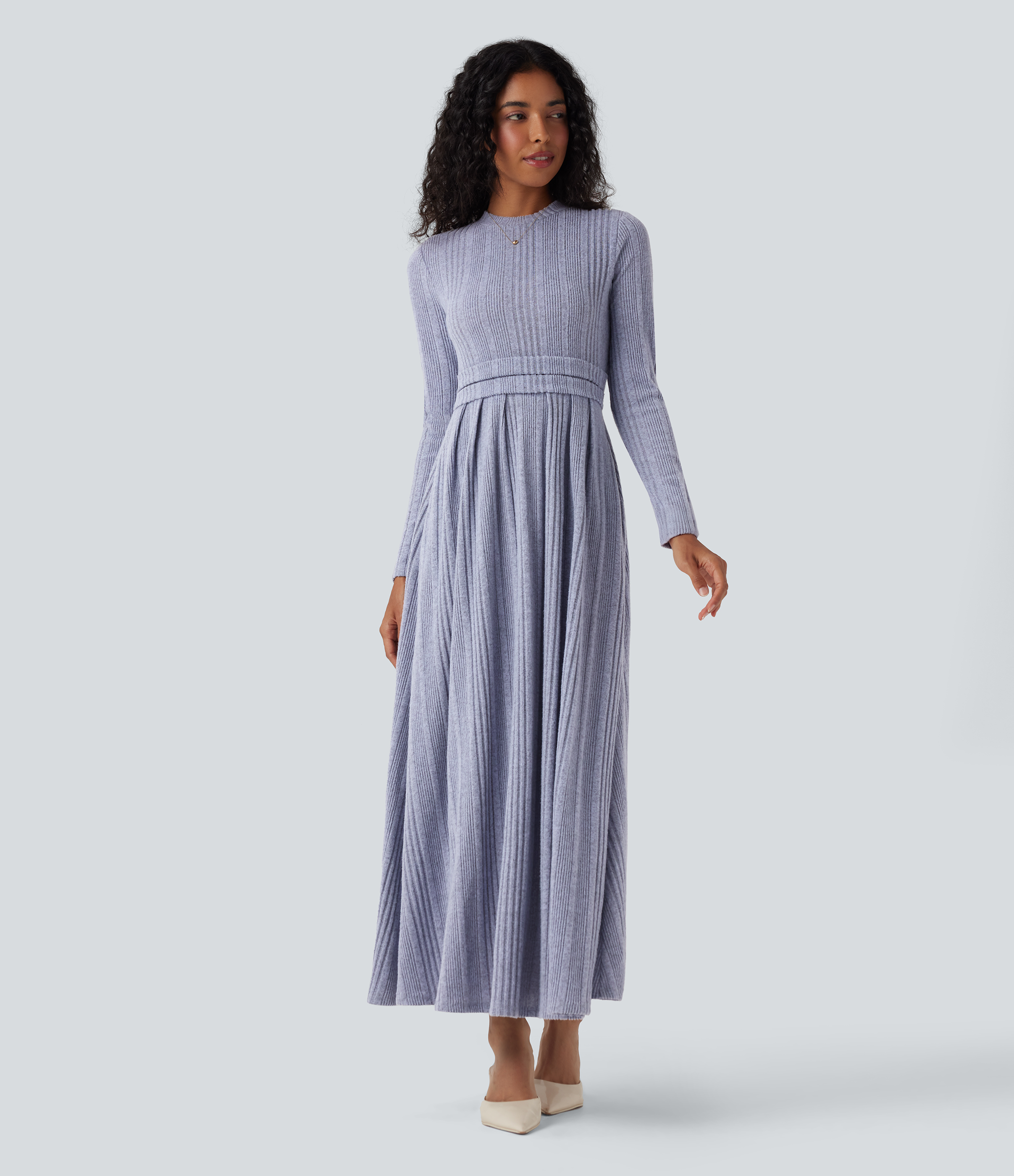 Round Neck Long Sleeve Flare Maxi Casual Dress