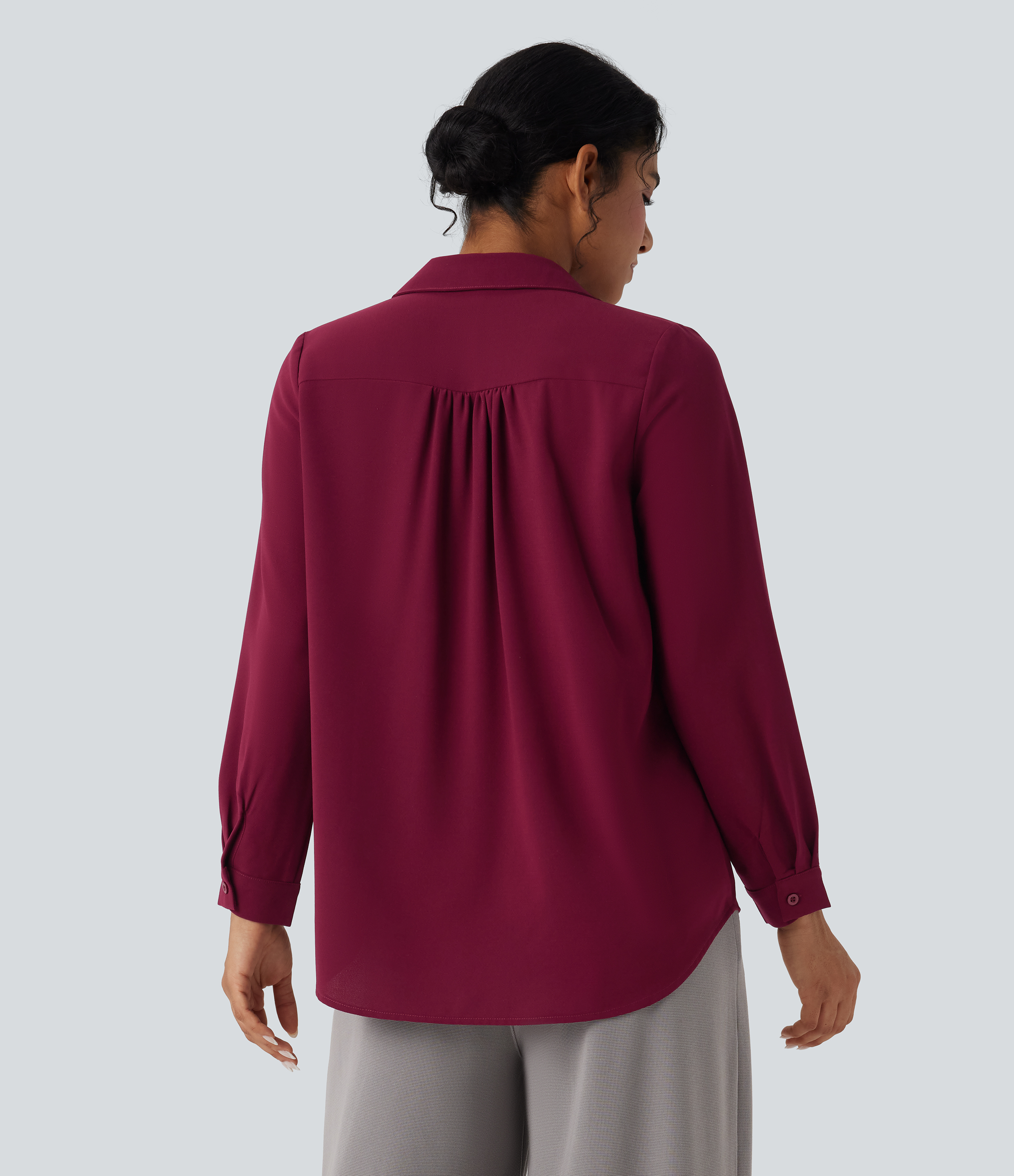 Beet Red V Neck Long Sleeve Work Shirt with Pockets / 2