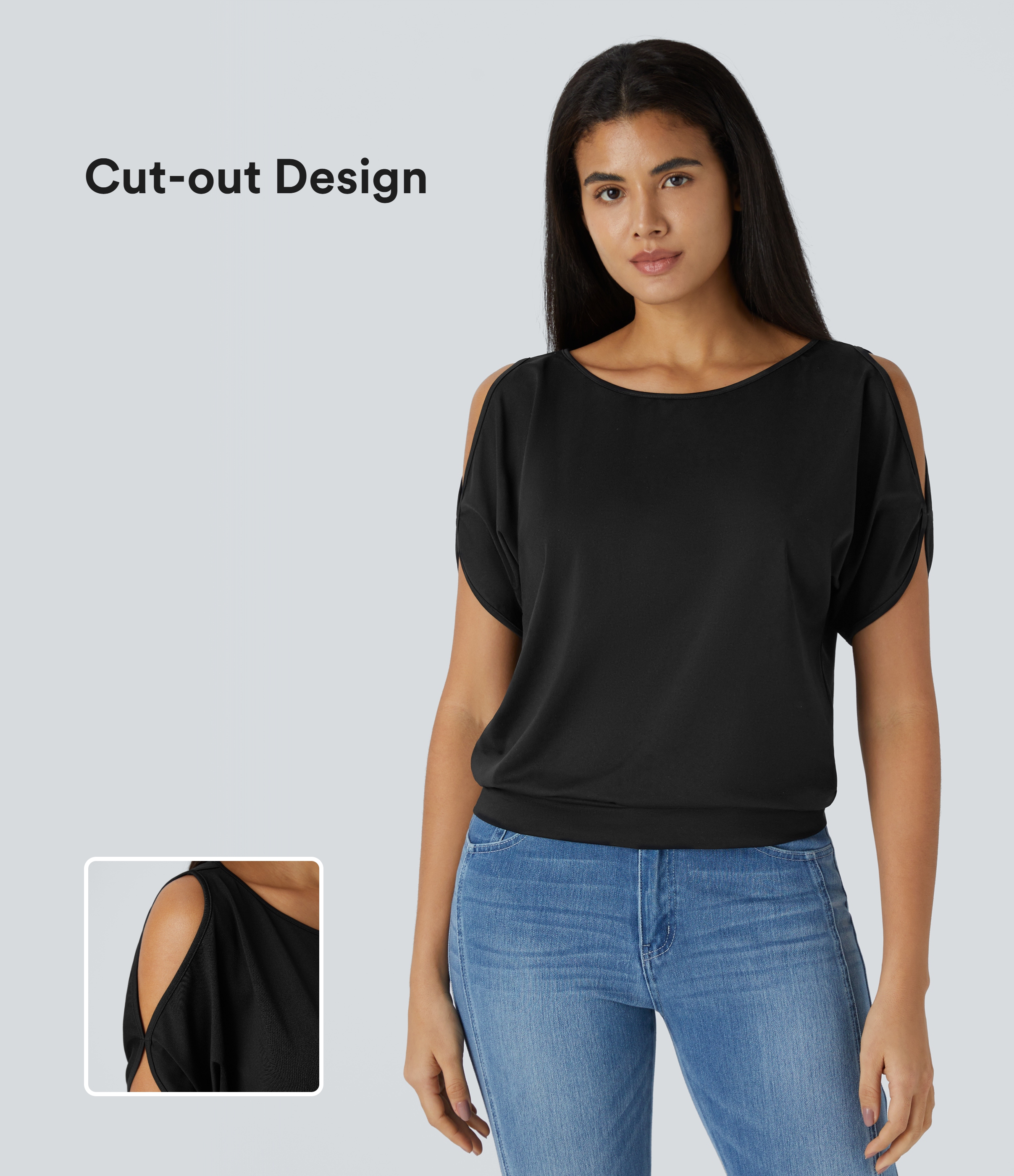 Lässiges T-Shirt mit U-Boot-Ausschnitt, kurzen Ärmeln und Cut-Outs