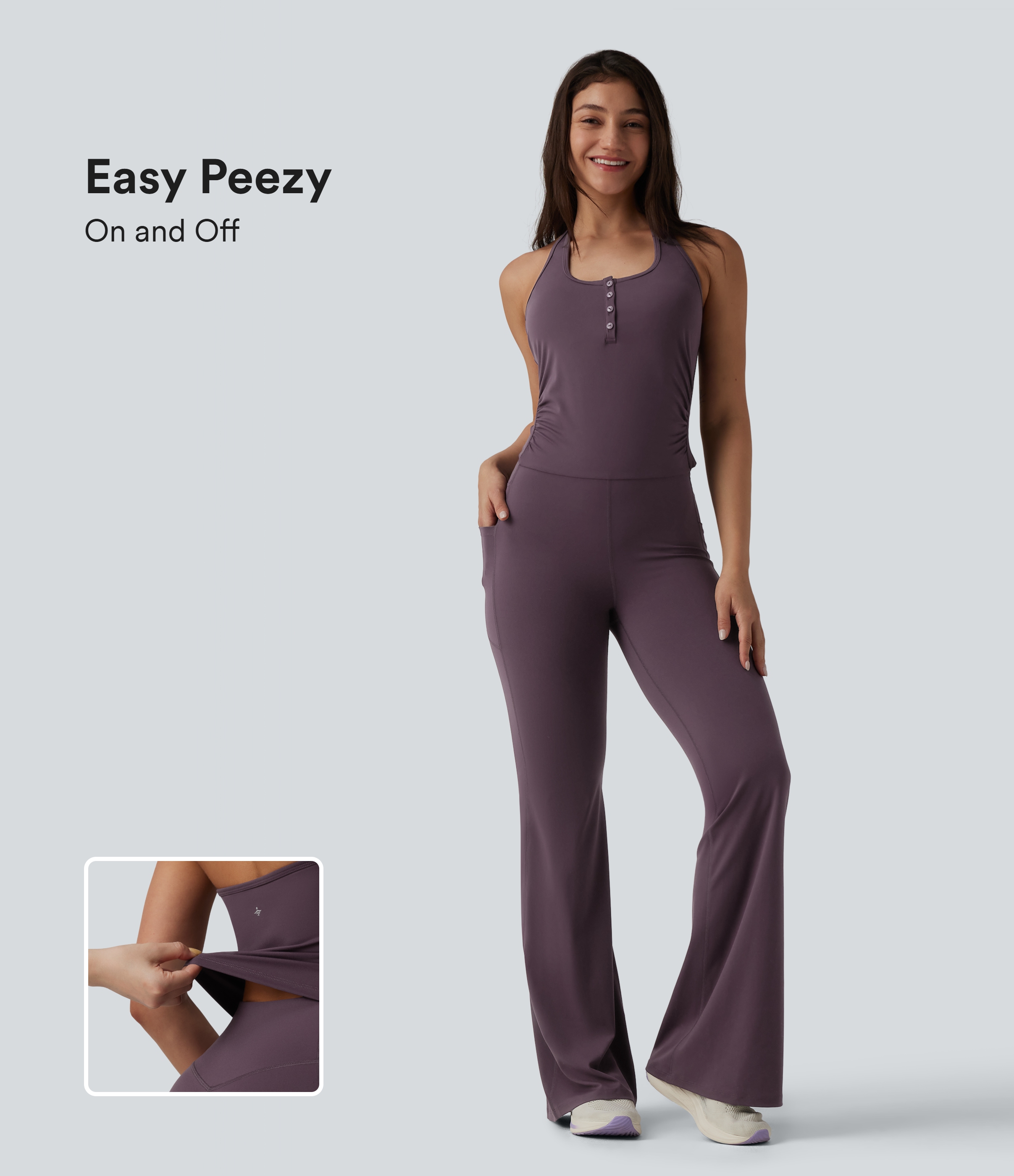 Halara UltraSculpt™ Halter Flare Yoga Jumpsuit with Pockets-Easy Peezy Edition