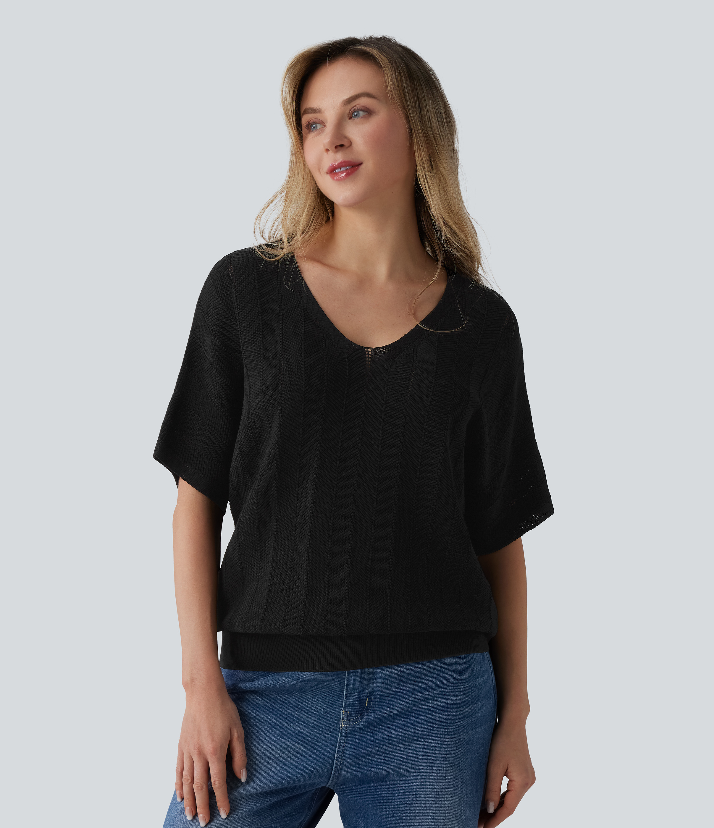 V Neck Short Sleeve Casual Sweater