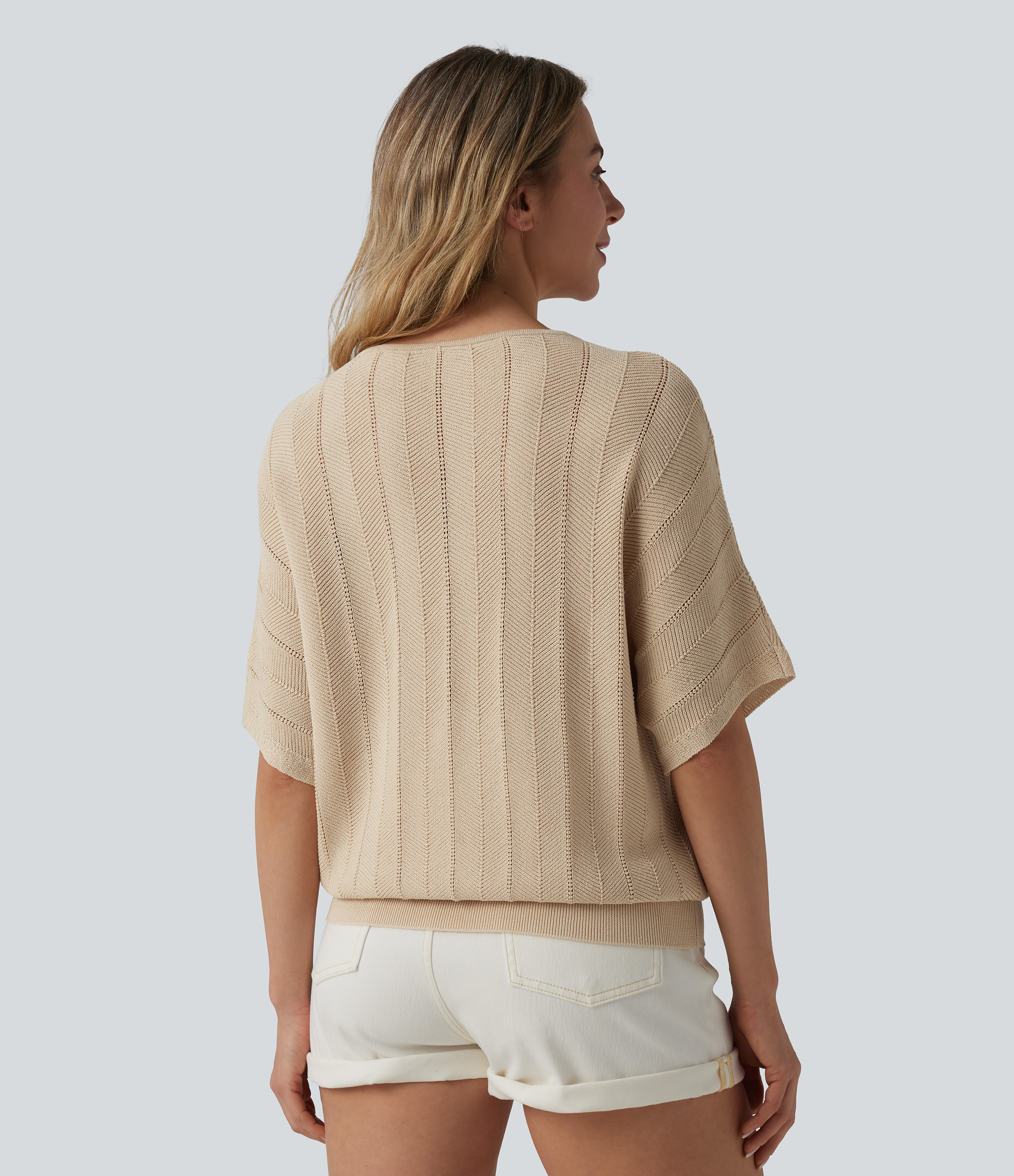 Pale Khaki V Neck Short Sleeve Casual Sweater / 2