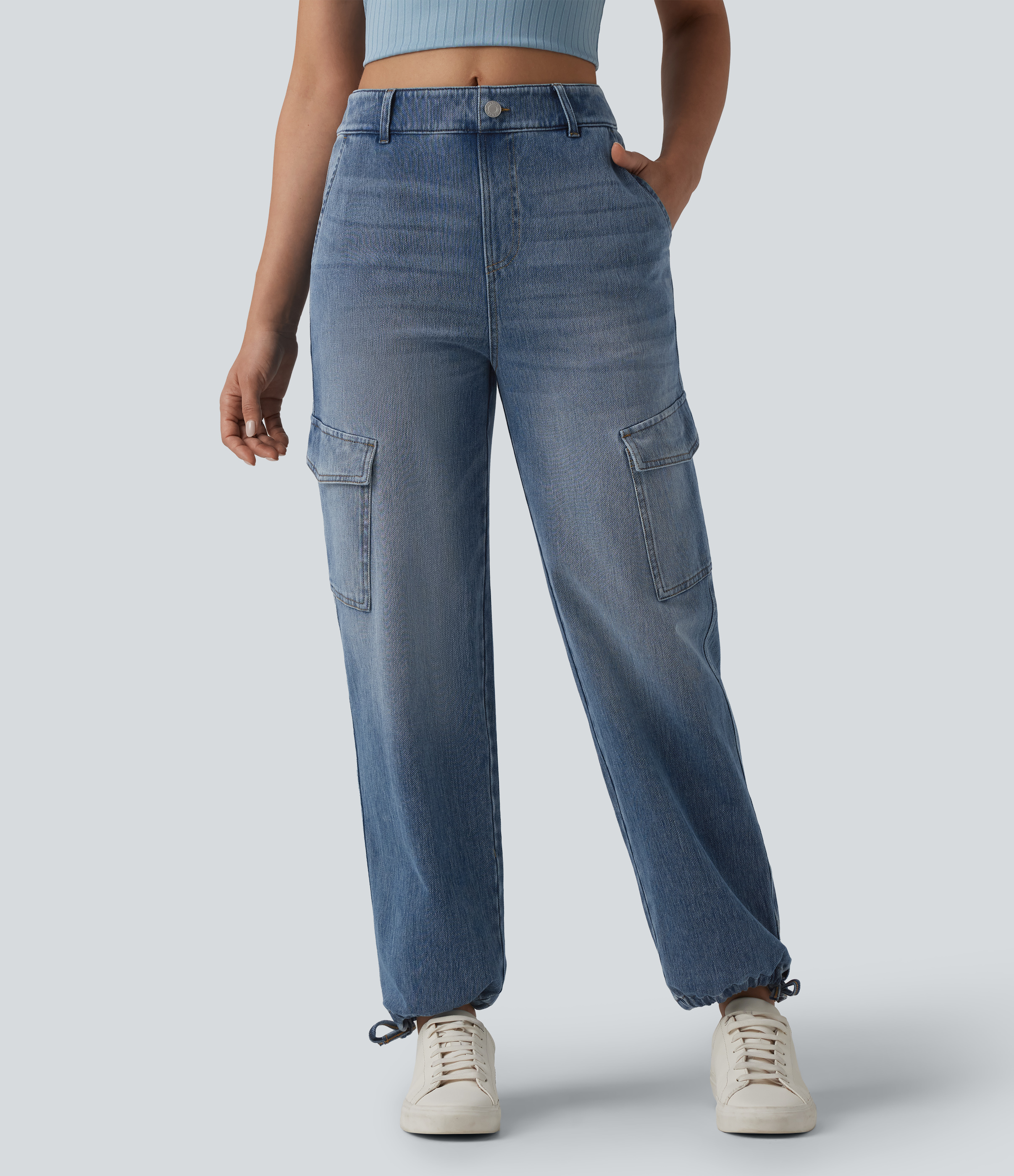 Halara Flex™ Mid Rise Washed Casual Cargo Jeans with Pockets