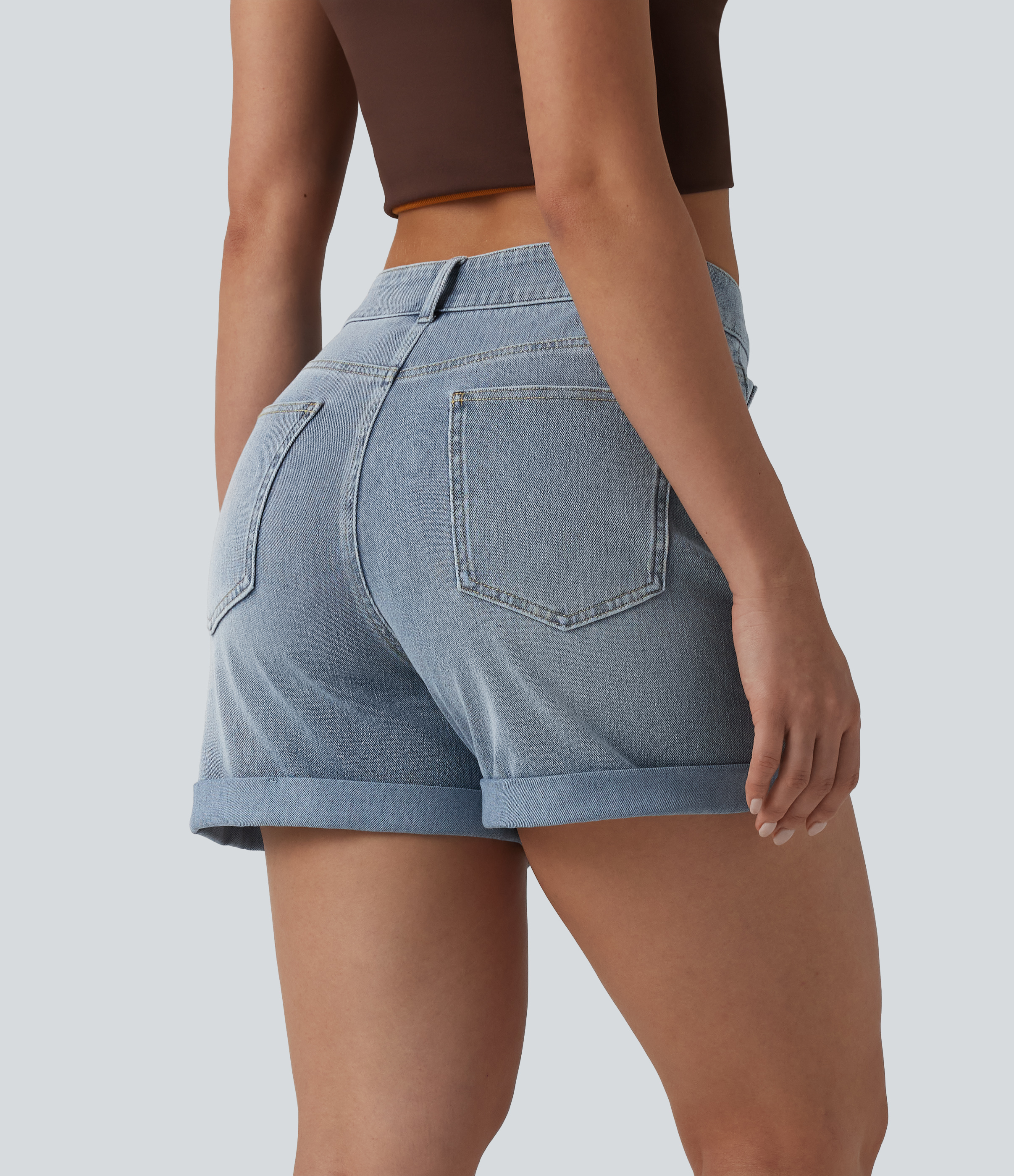 Baltic Sea Blue Denim Halara Flex™ Asymmetric High Waisted Rolled Hem Washed Denim Casual Shorts with Pockets / 2