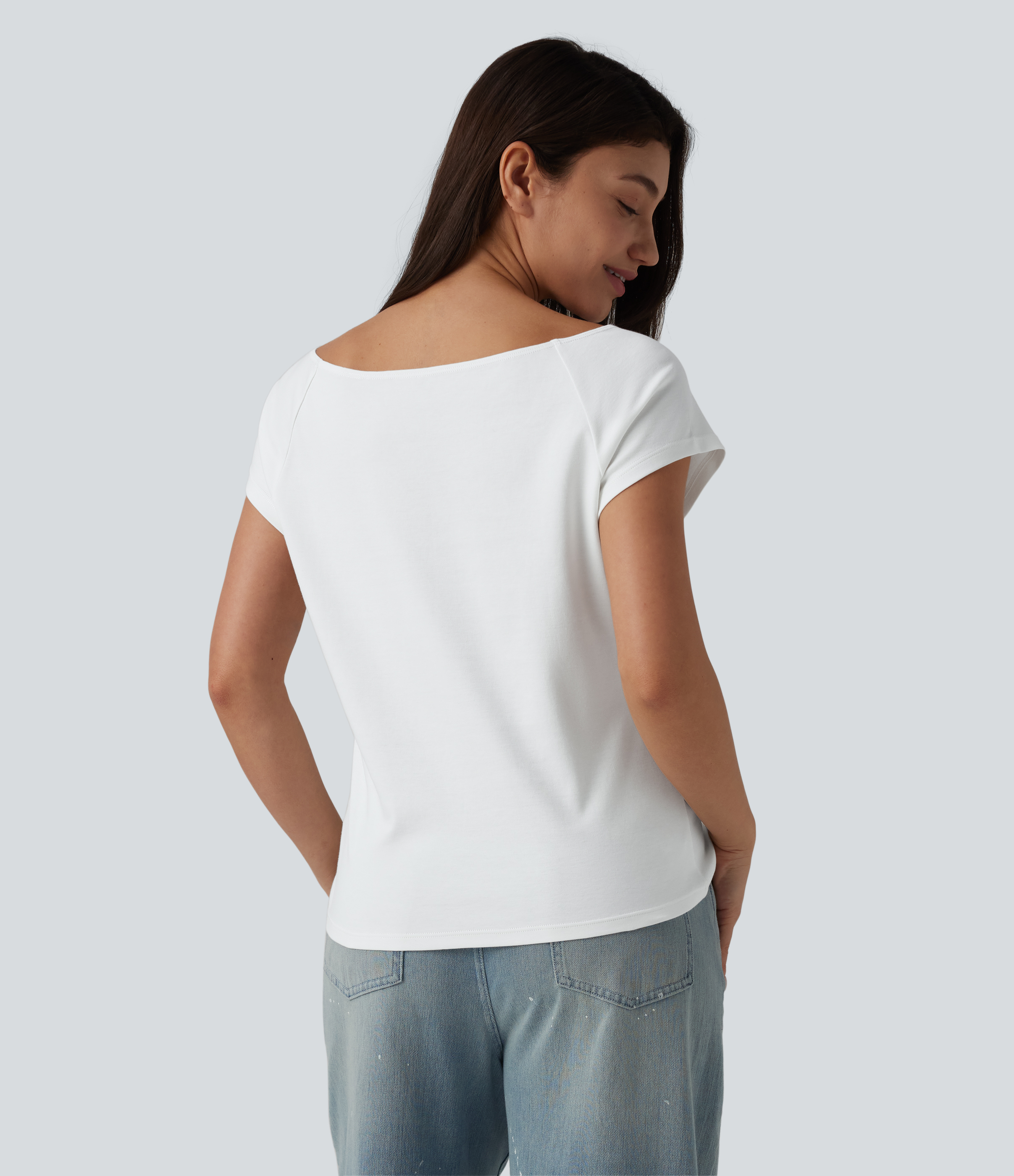 White Boat Neck Short Sleeve Casual Pima Cotton T-Shirt / 2
