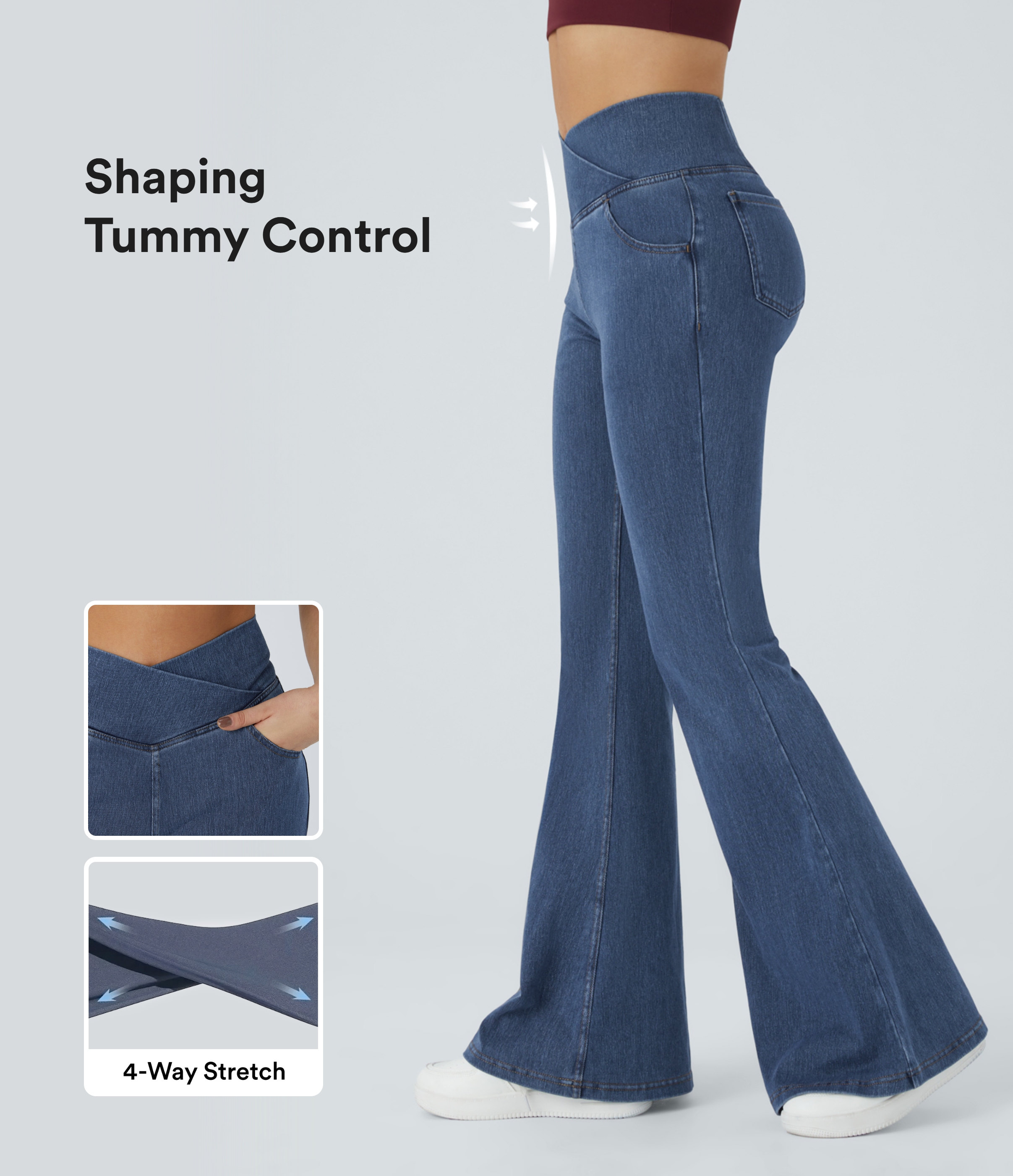 Vaqueros acampanados cruzados, relajados y lavados Halara Flex™ confeccionados en denim de punto elástico con bolsillos laterales