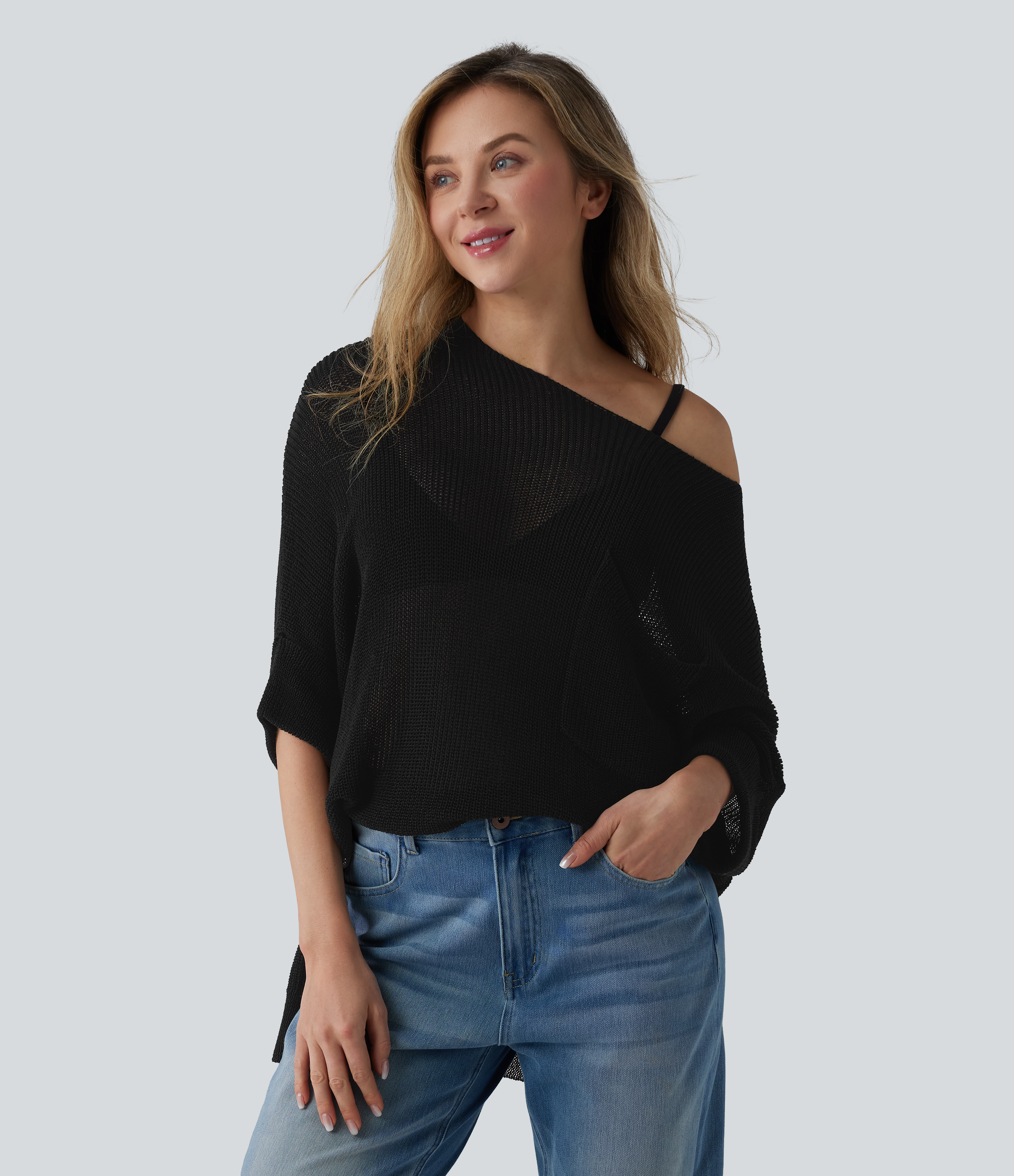 One-shoulder Half Sleeve Split Hem Oversize Casual Sweater with Pocket