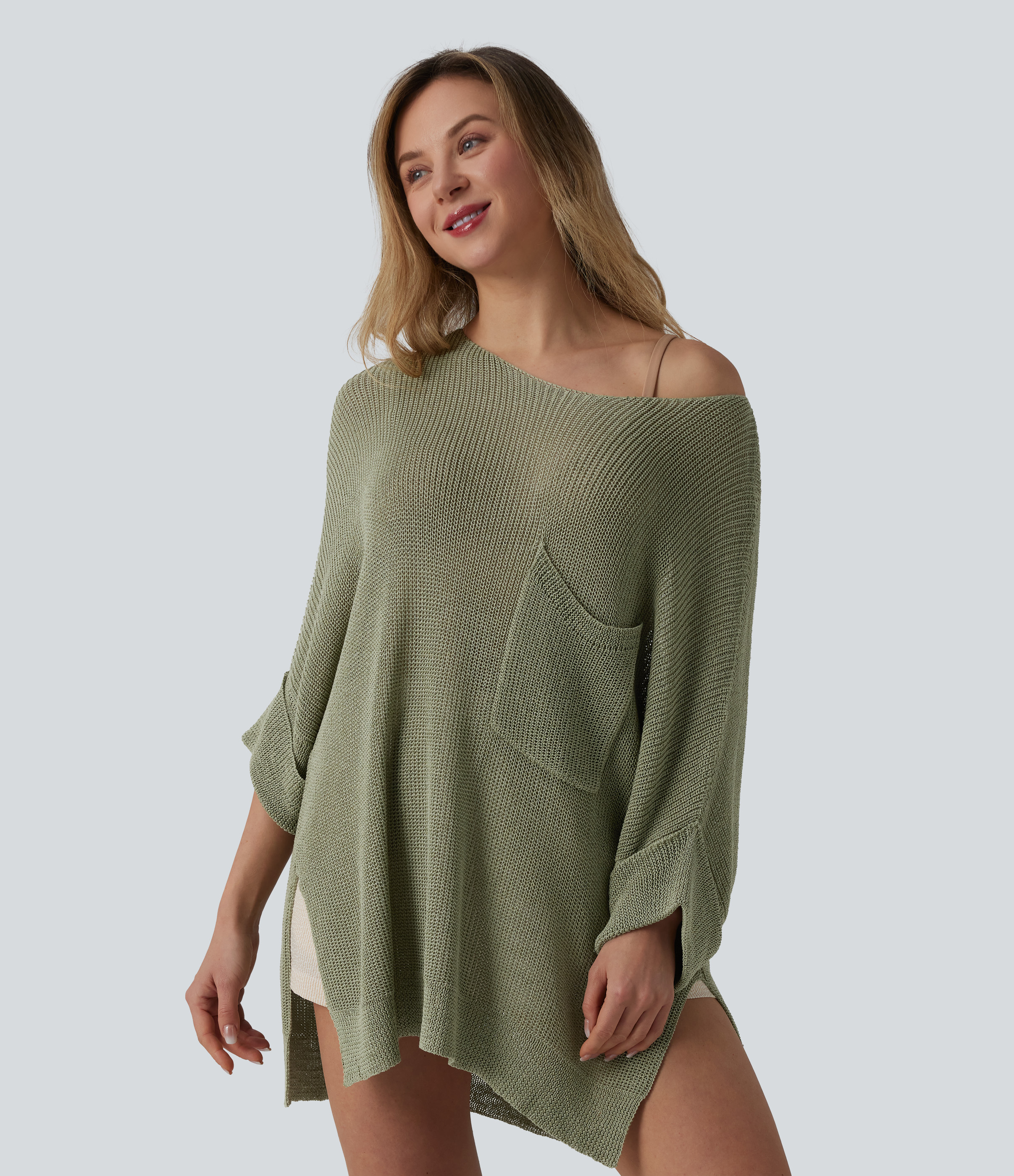Pull décontracté oversize asymétrique demi-manches ourlet fendu avec poche