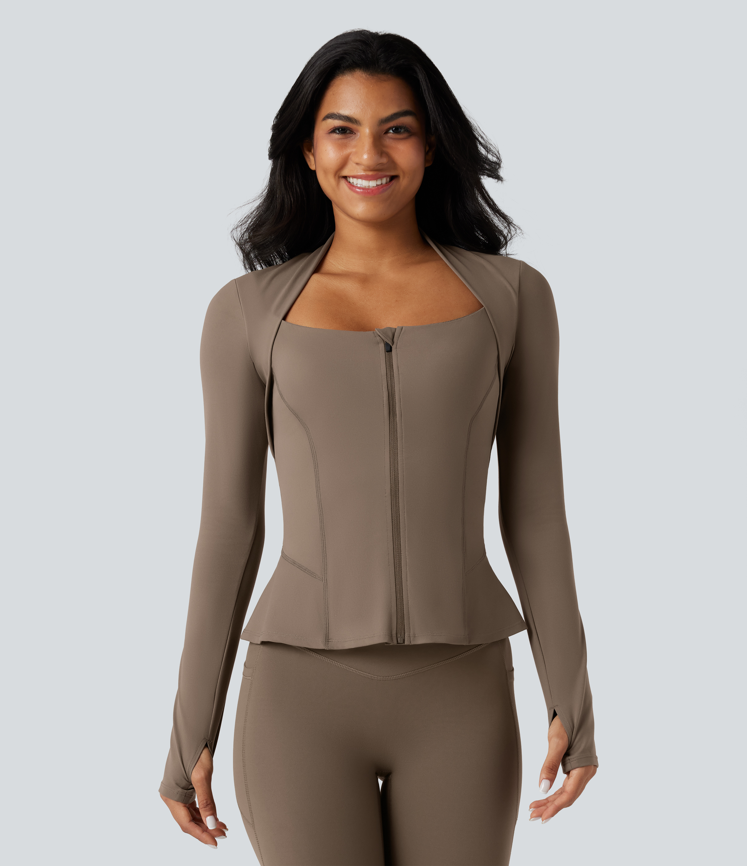 Halara UltraSculpt™ Push-Up Long Sleeve Thumb Hole Zipper Ruffle Hem Yoga Curvy Jacket