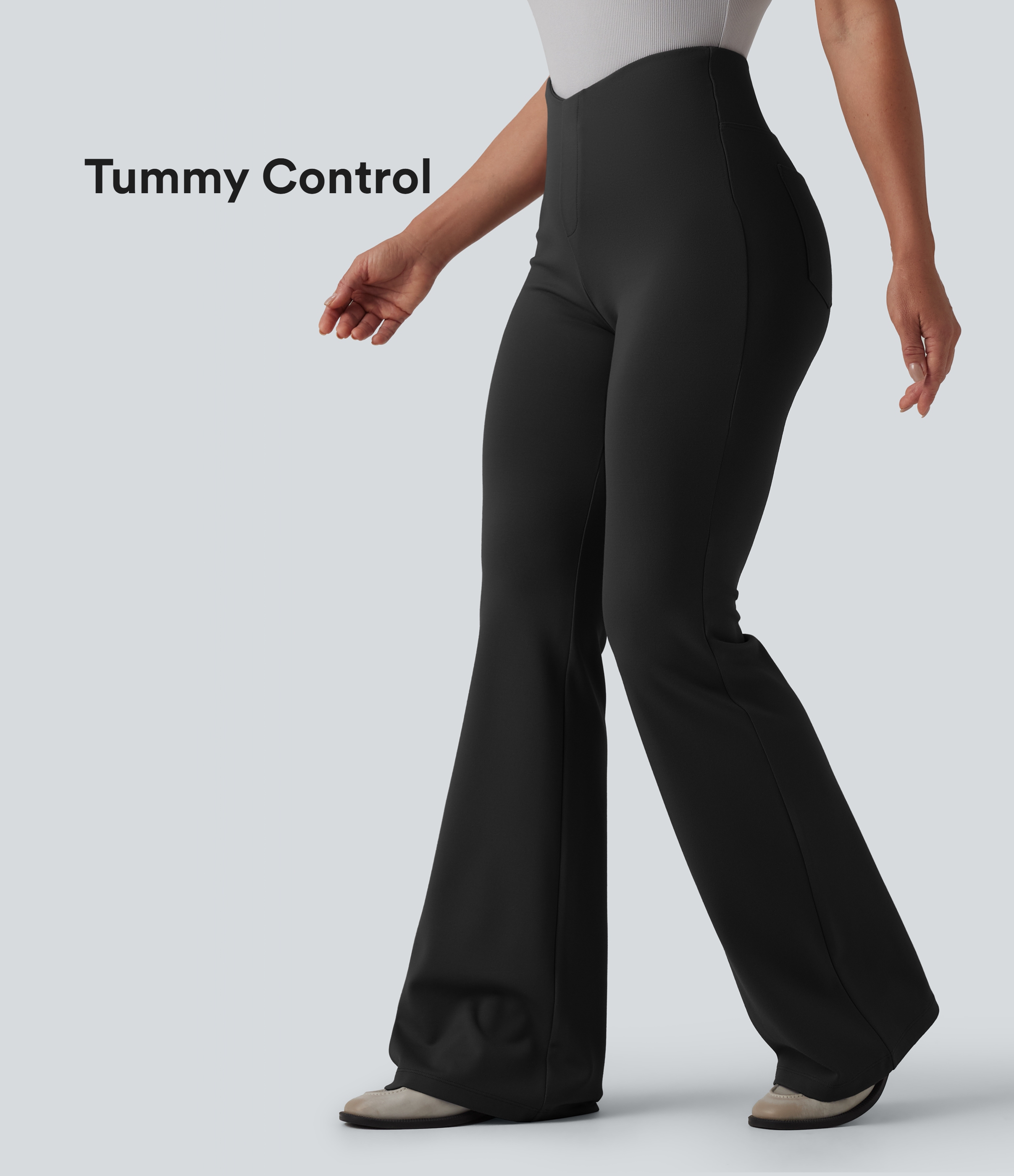 V Shaped High Waisted Tummy Control Flare Casual Pants with Pockets
