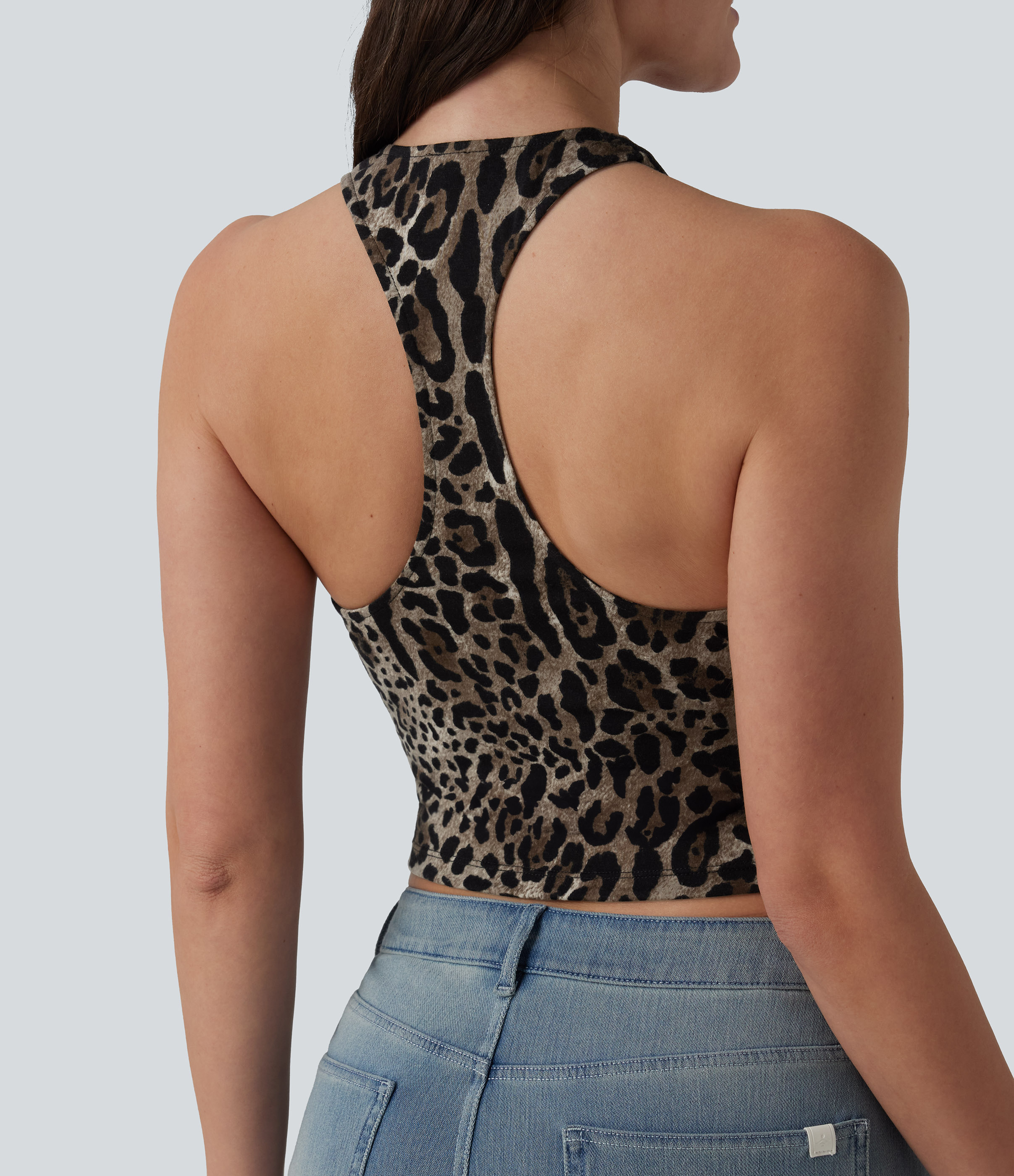 Deep V-neck Racerback Leopard Print Casual Tank Top