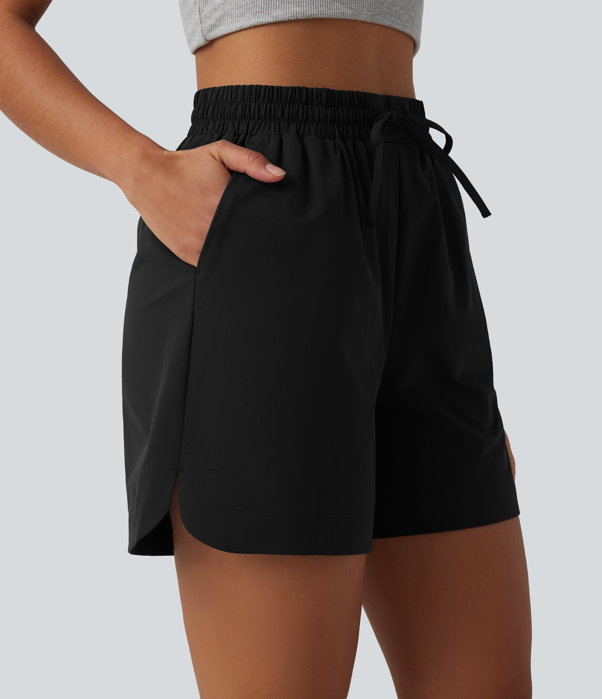 High Waisted Drawstring Curved Hem Stretchy Poplin Casual Baggy Shorts with Pockets