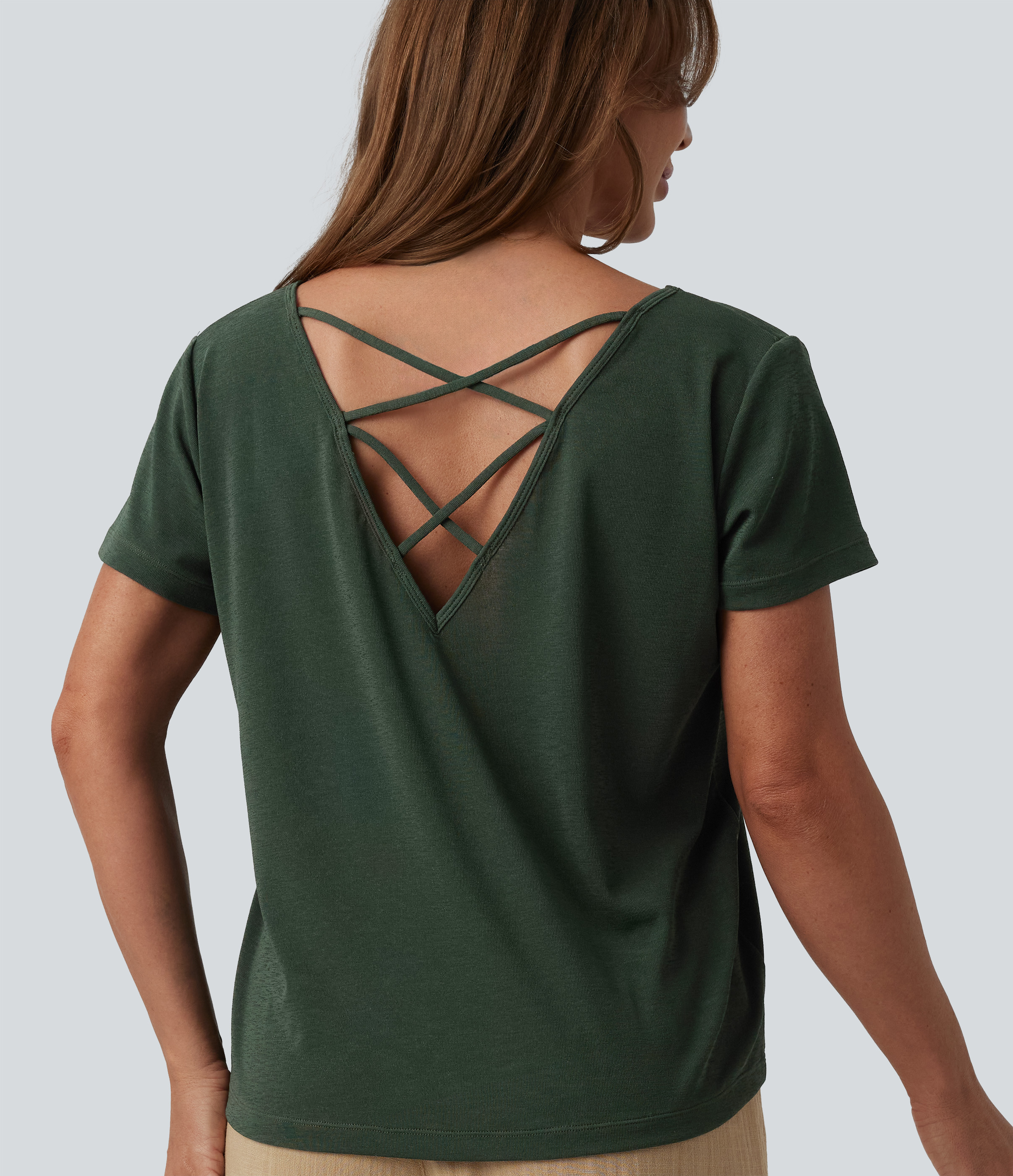 V-neck Batwing Sleeve Crisscross Backless Casual T-Shirt