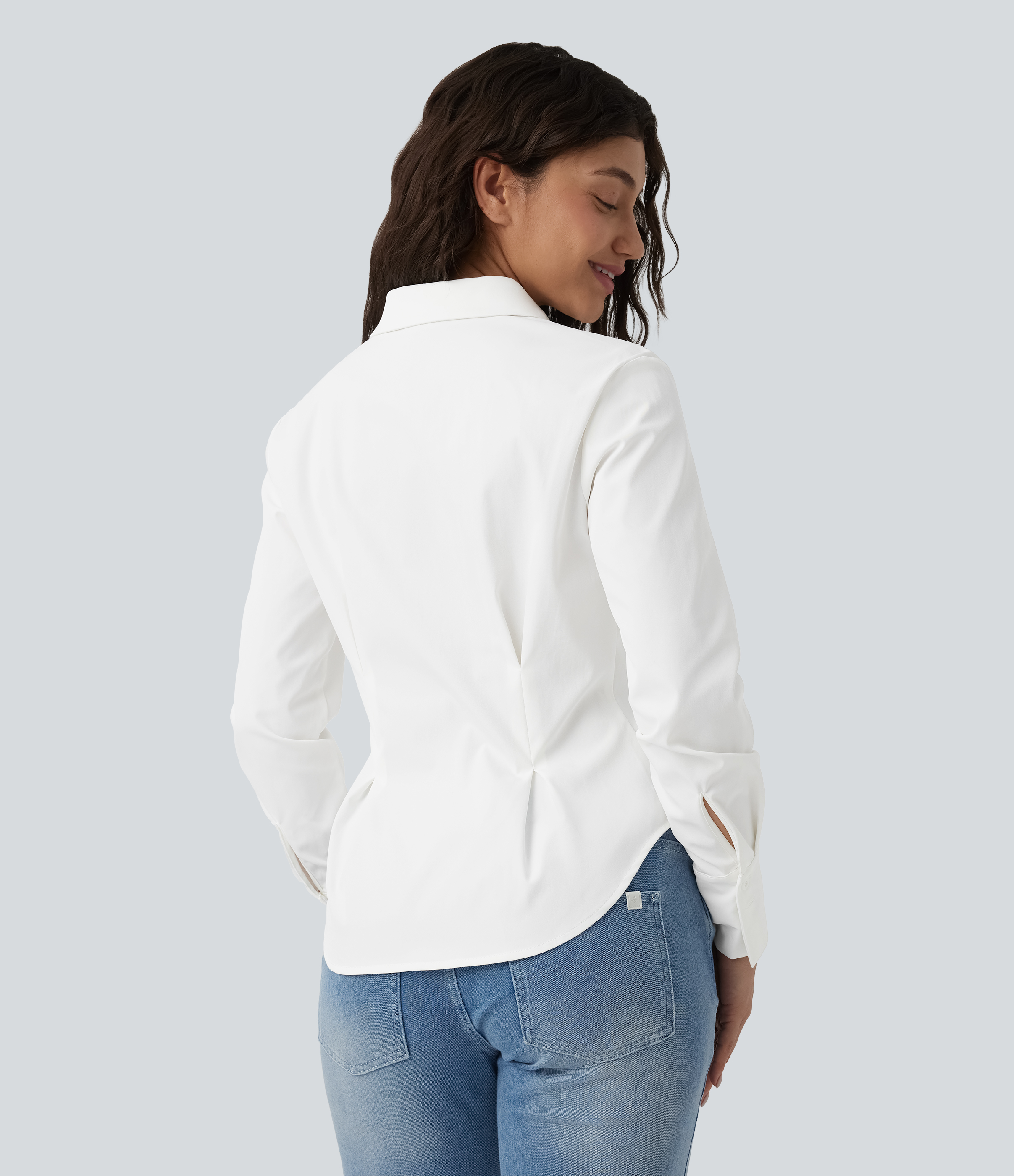 White Long Sleeve Curved Hem Casual Shirt / 2