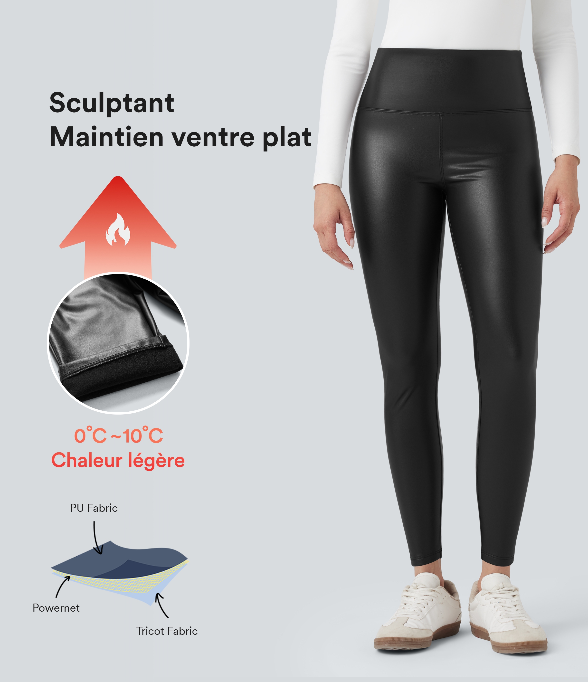 Pantalon 7/8 moulant décontracté polaire gainant taille haute extensible effet cuir avec poches