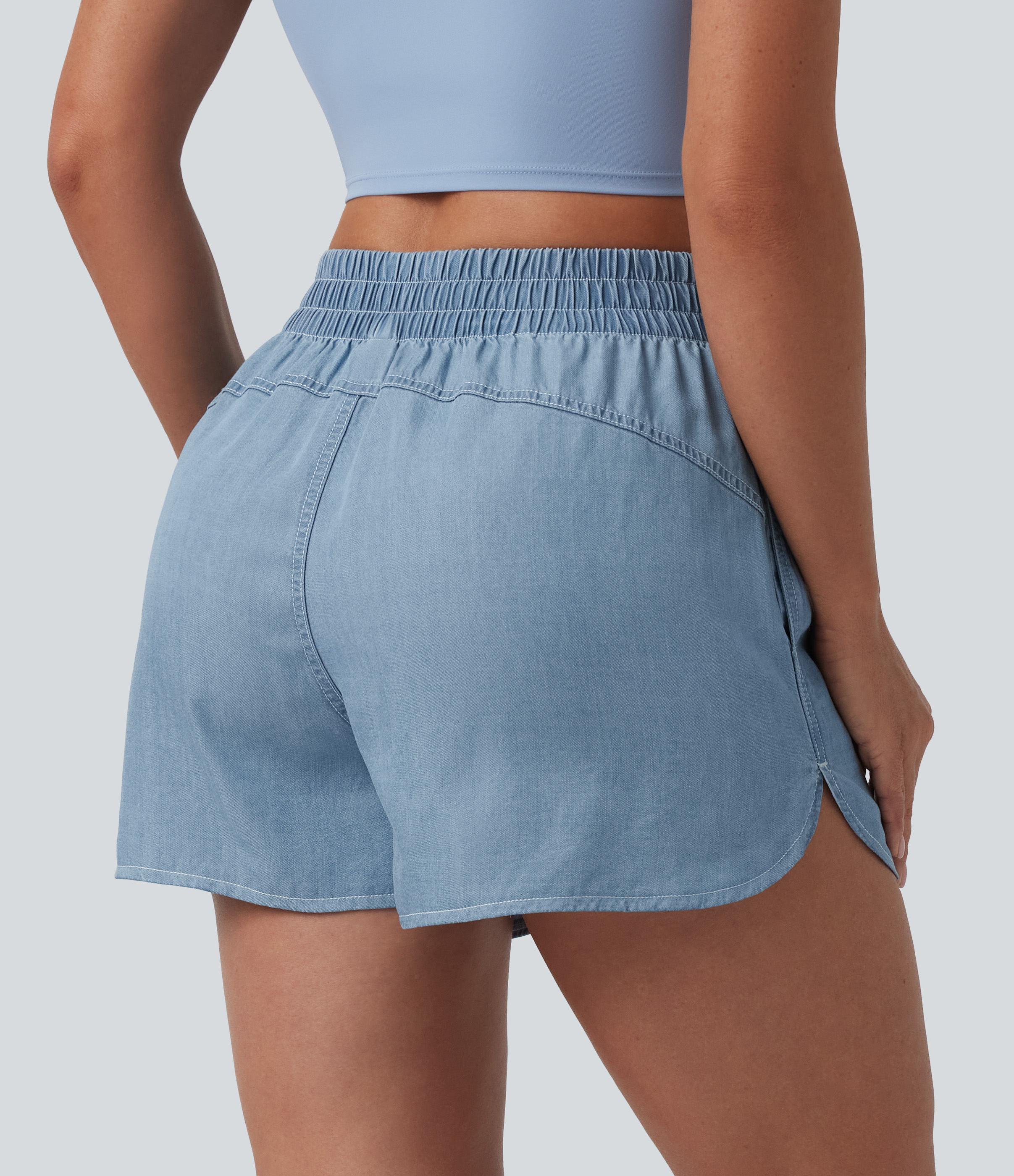 Malibu Blue Denim Mid Rise Draped Denim Casual Shorts 3.5'' with Pockets / 2
