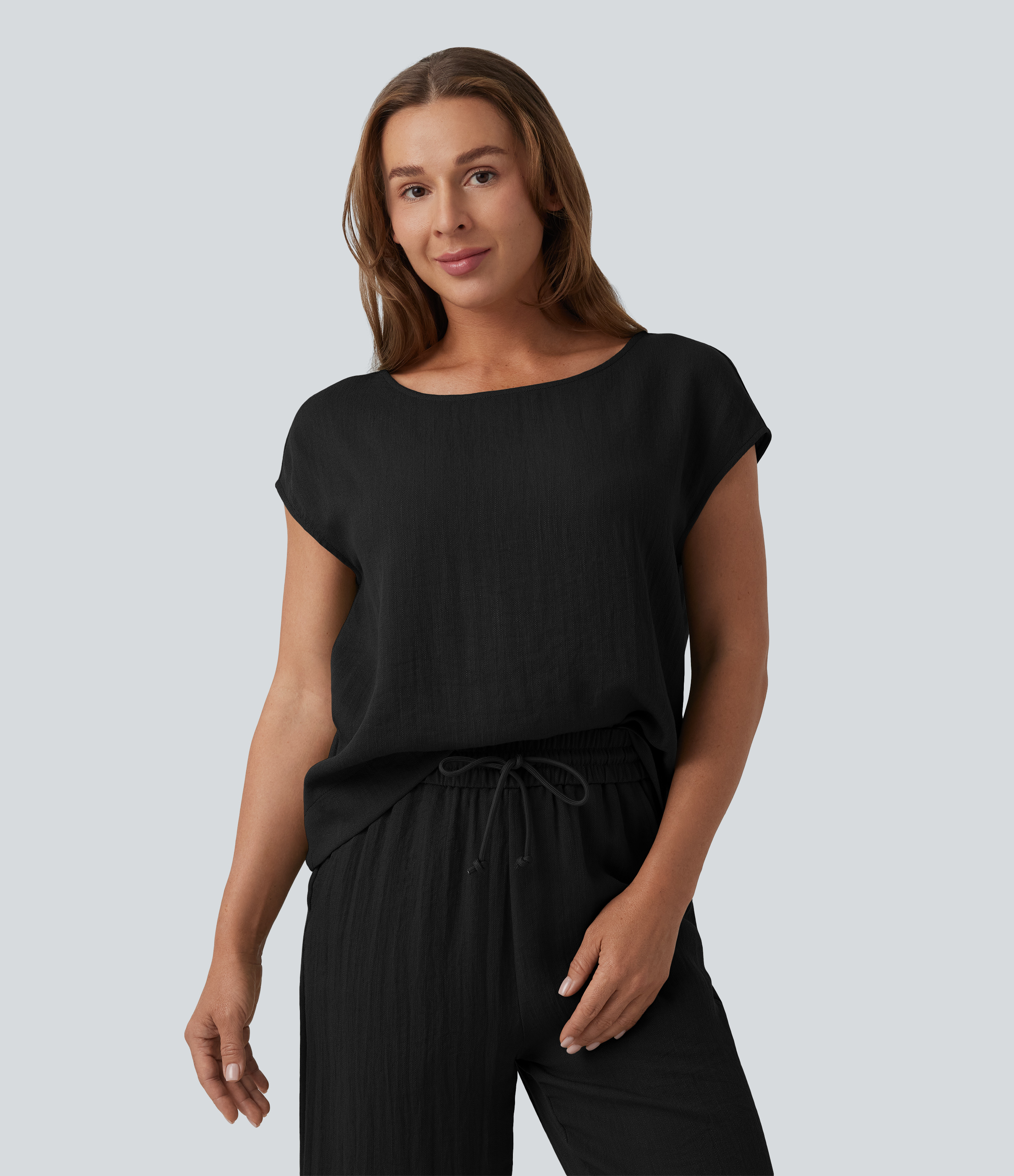 Round Neck Batwing Sleeve Casual Linen-Feel Top