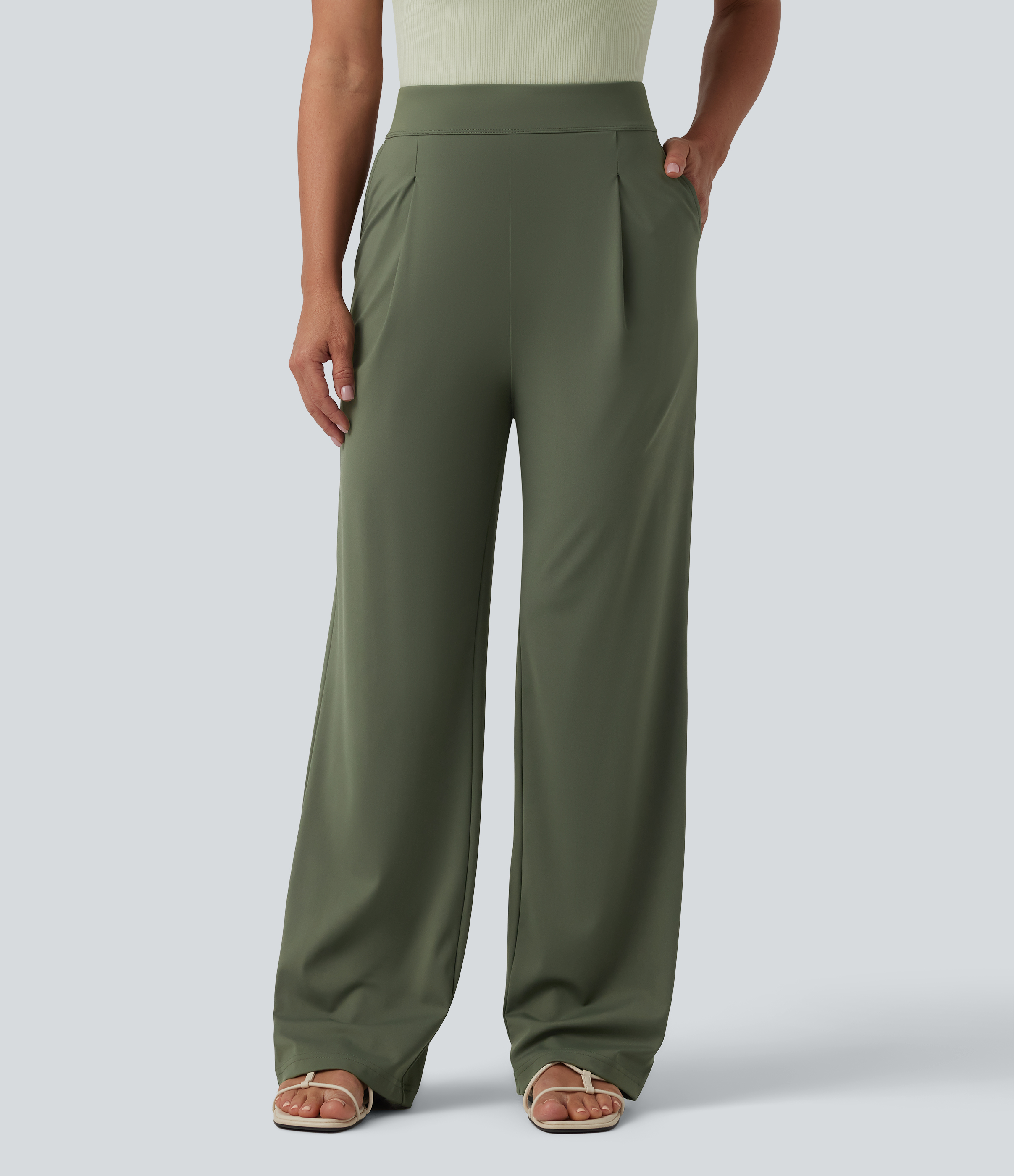 Pantalon casual taille haute coupe droite avec poches
