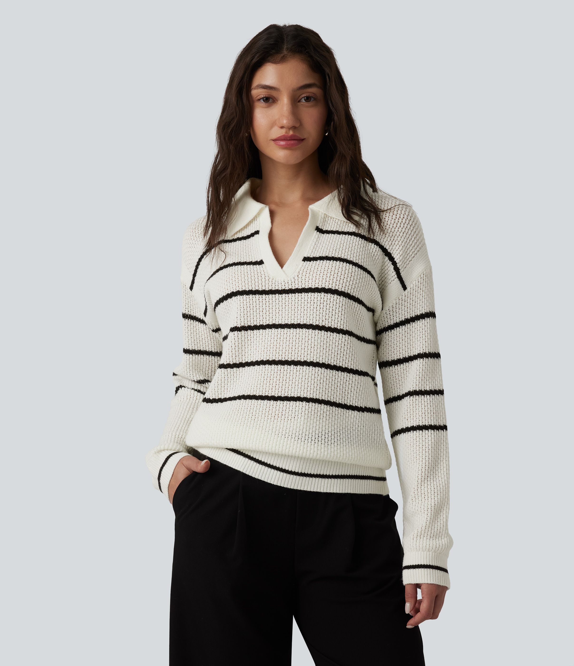 V-neck Long Sleeve Stripes Casual Sweater