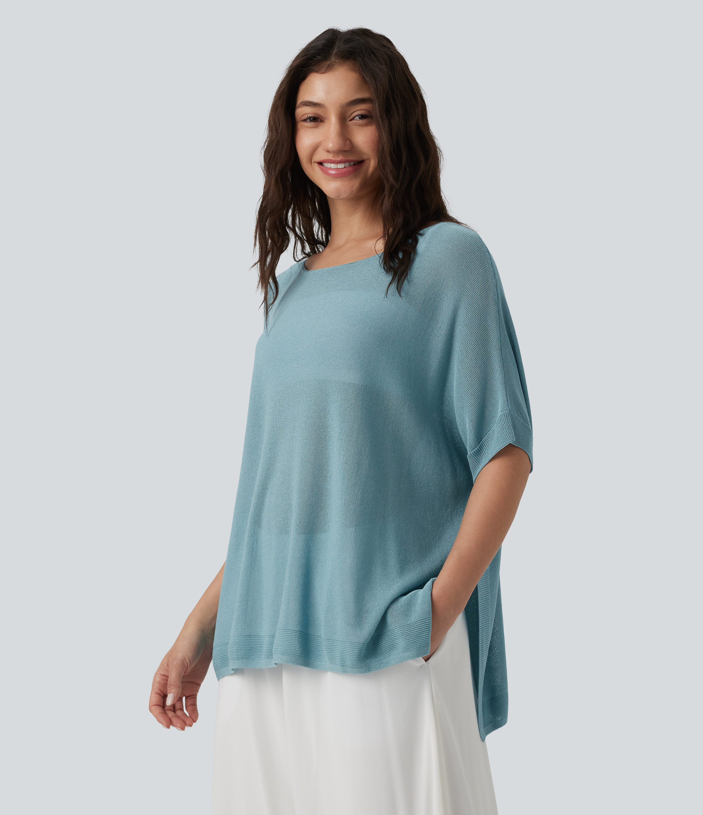 Semi Sheer Boat Neck Batwing Sleeve Split Hem Casual Sweater
