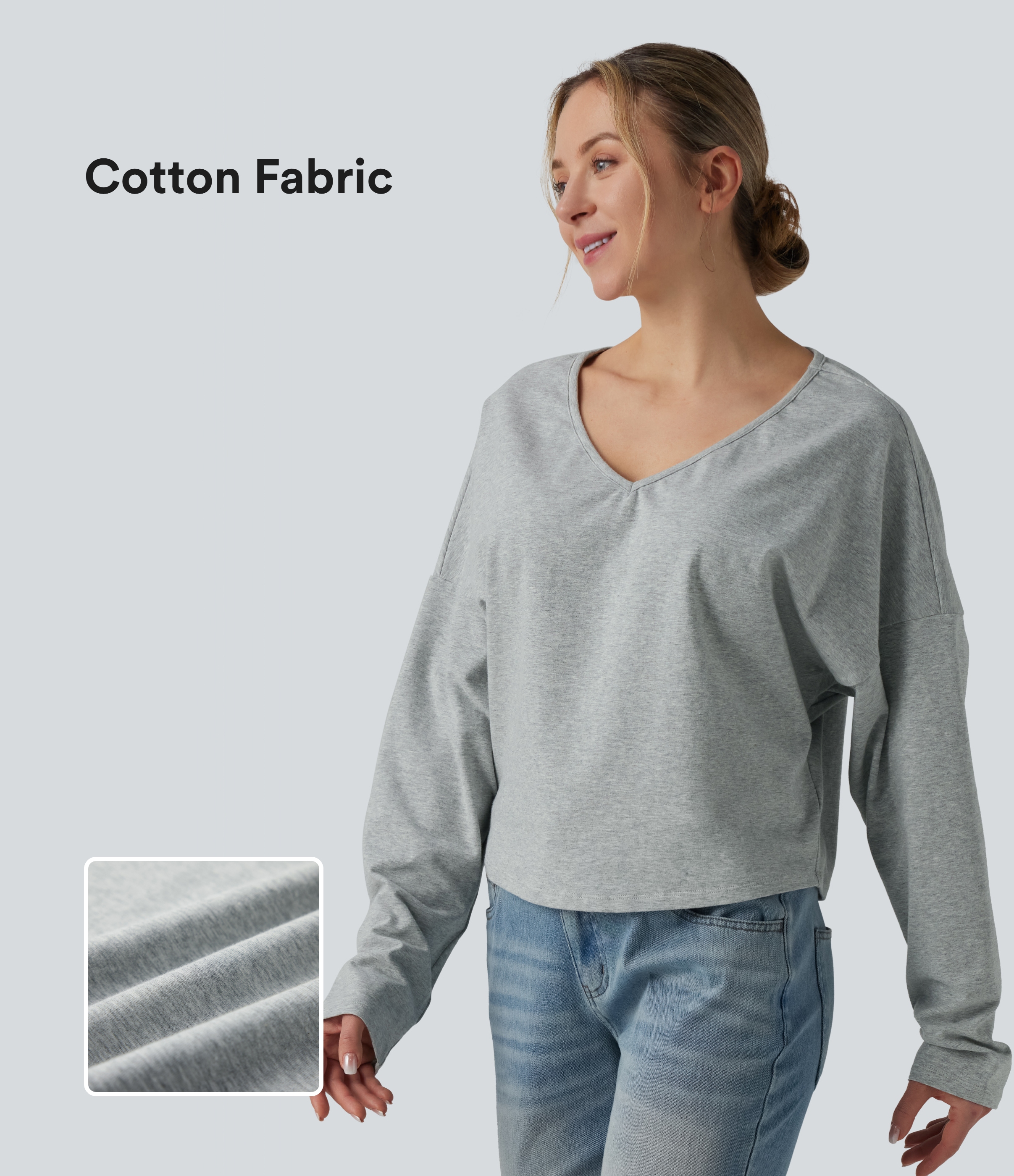 Halara Cotton Jersey V-neck Dropped Shoulder Long Sleeve Casual T-Shirt
