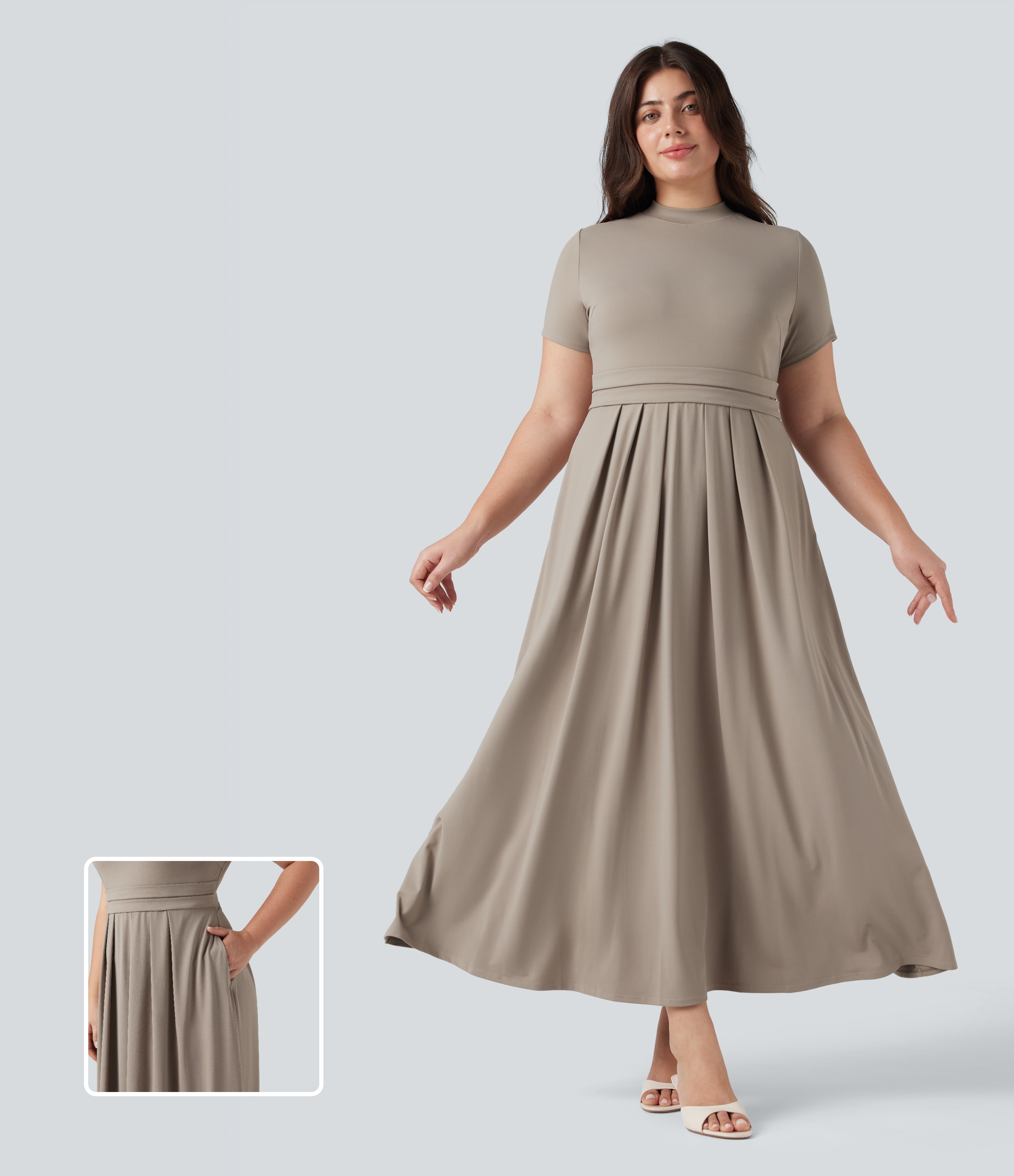 Plus Size Stand Collar Short Sleeve Flare Maxi Casual Dress with Pockets