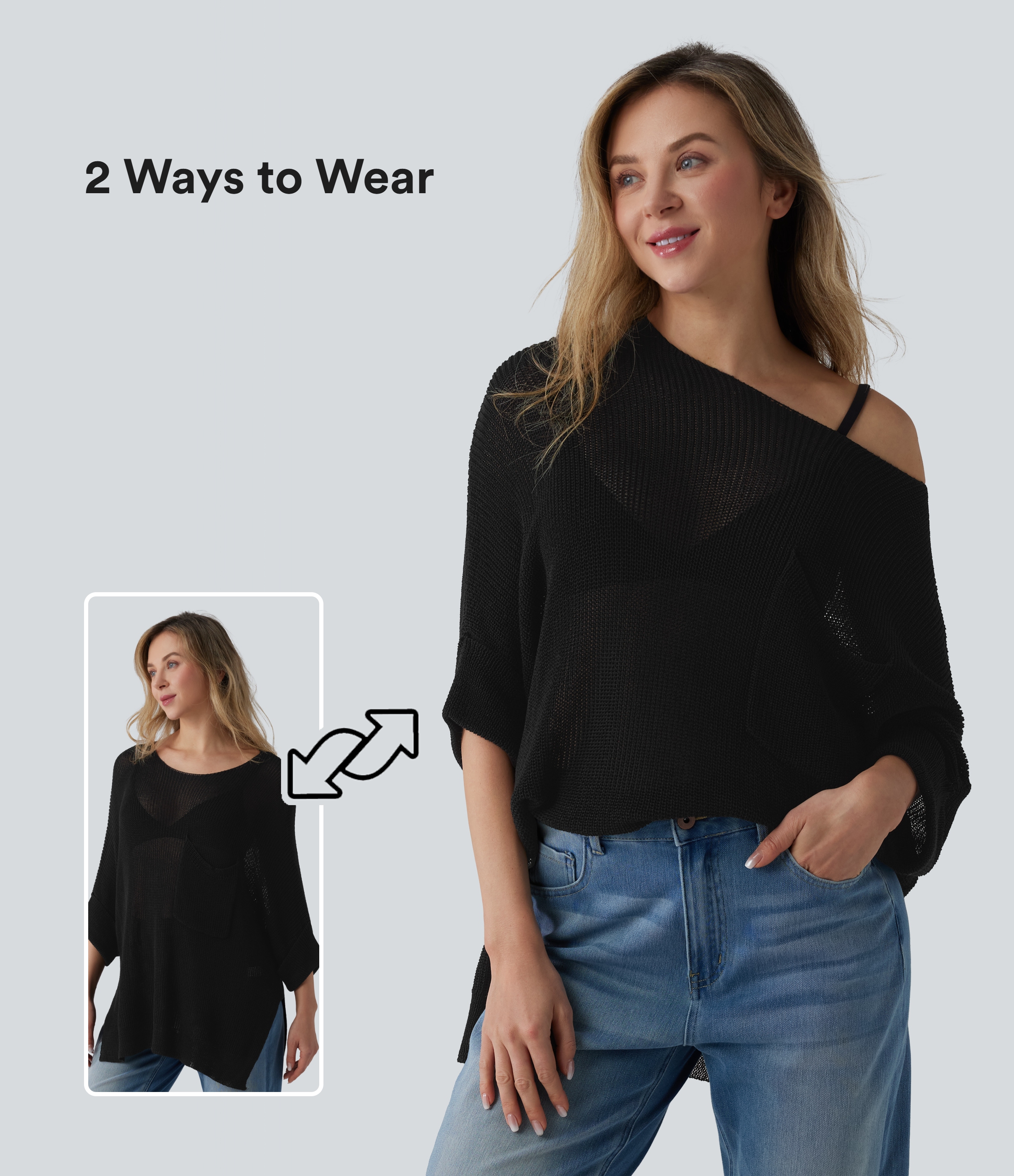 One-shoulder Half Sleeve Split Hem Oversize Casual Sweater with Pocket