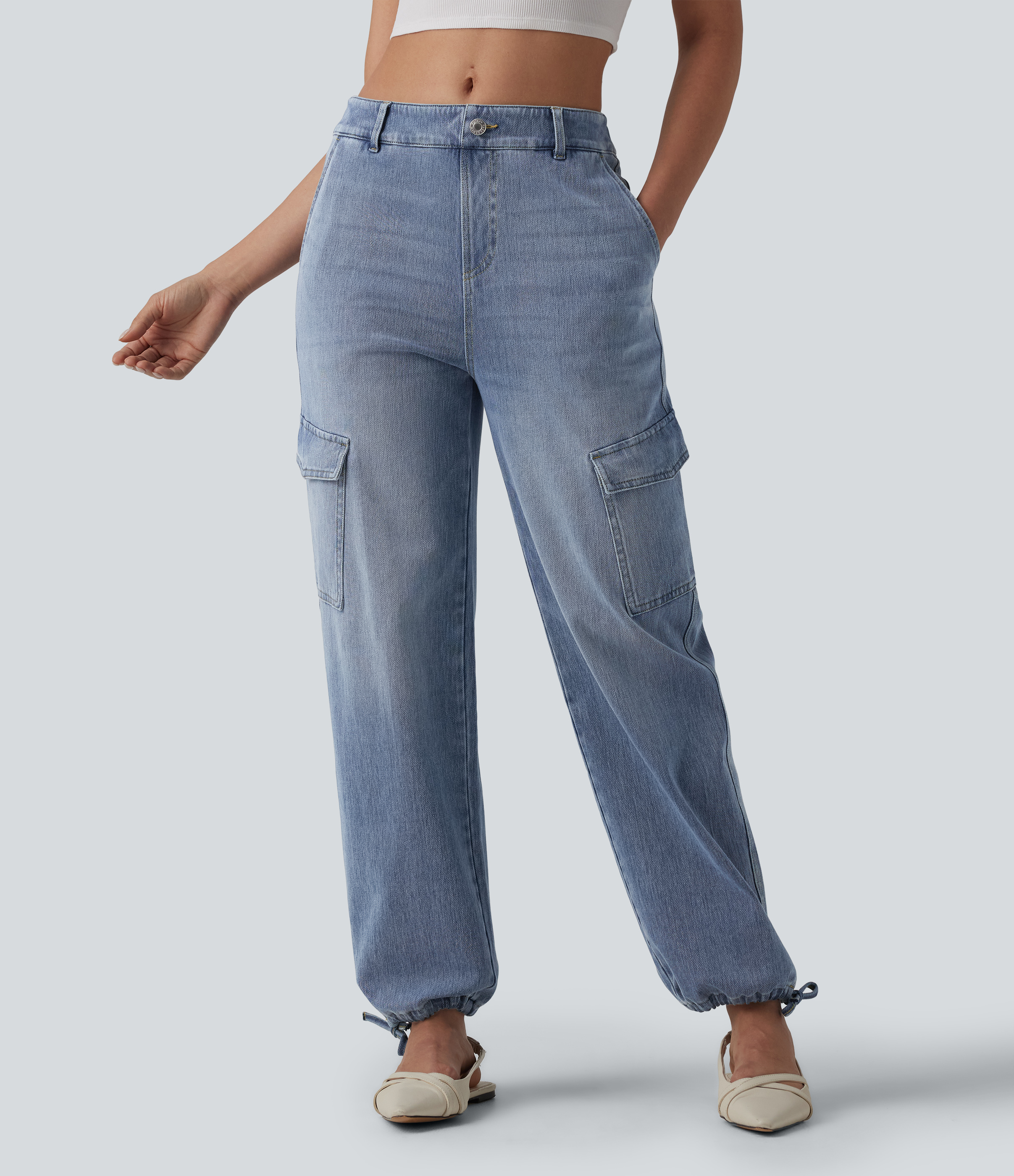 Halara Flex™ - Lässige, verwaschene Cargo-Jeans mit mittelhohem Bund und mehreren Taschen