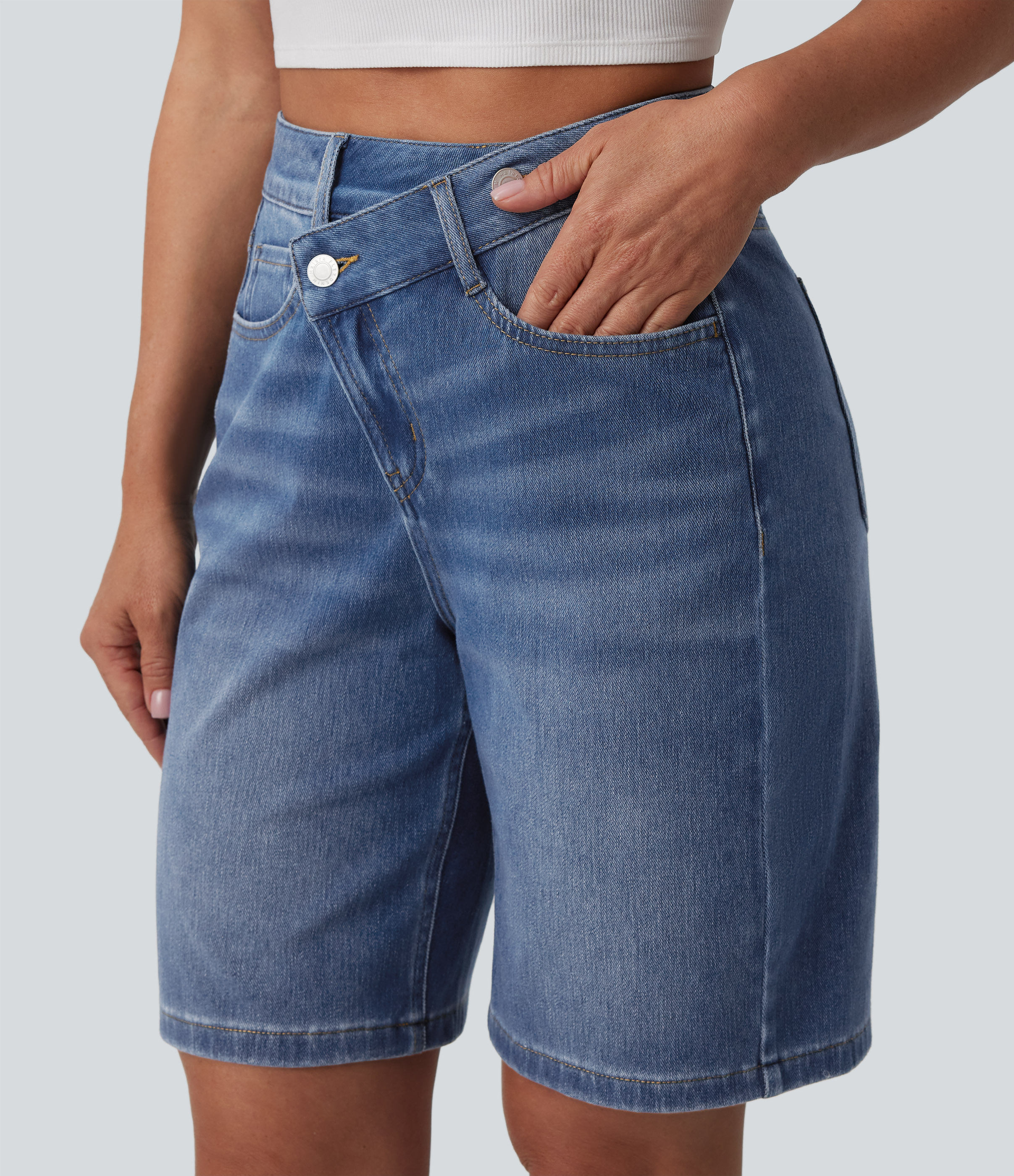 Halara Flex™ Asymmetric High Waisted Washed Denim Casual Shorts 9'' with Pockets