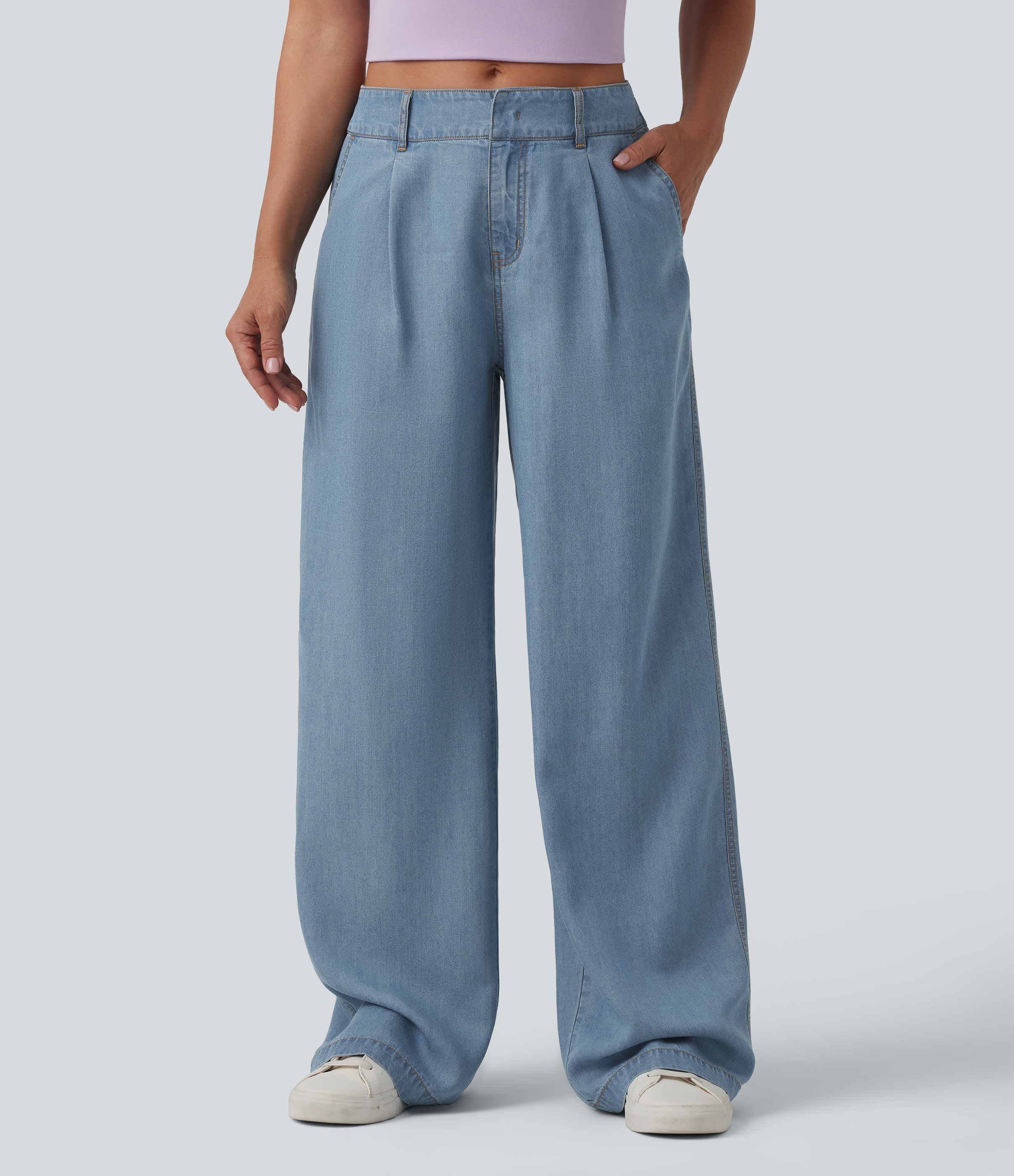 Mid Rise Wide Leg Casual Jeans with Pockets