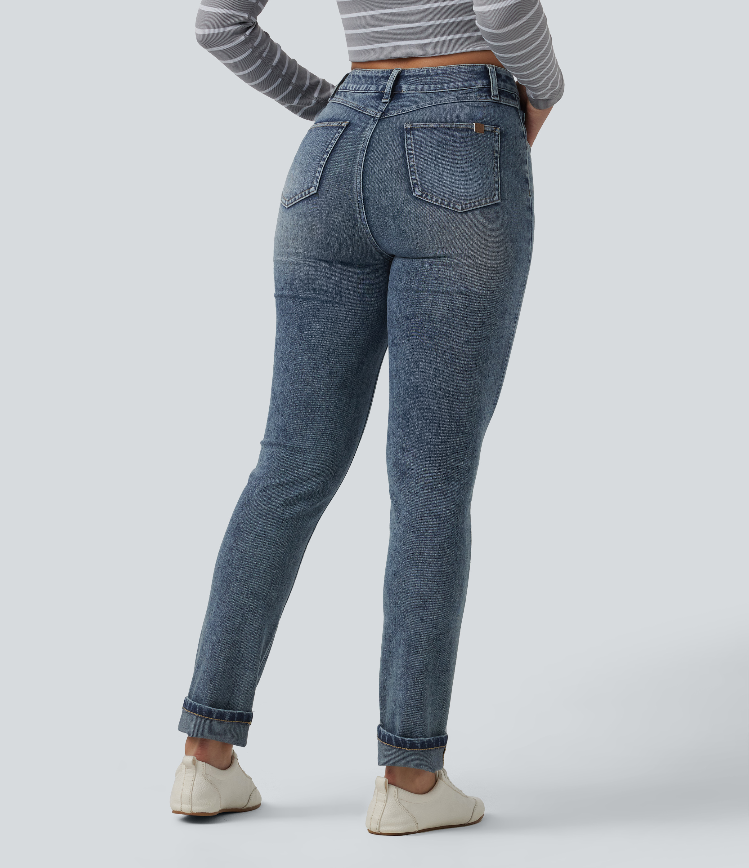 Coronet Blue Denim Halara Flex™ High Waisted Rolled Hem Casual Slim Jeans with Pockets / 2