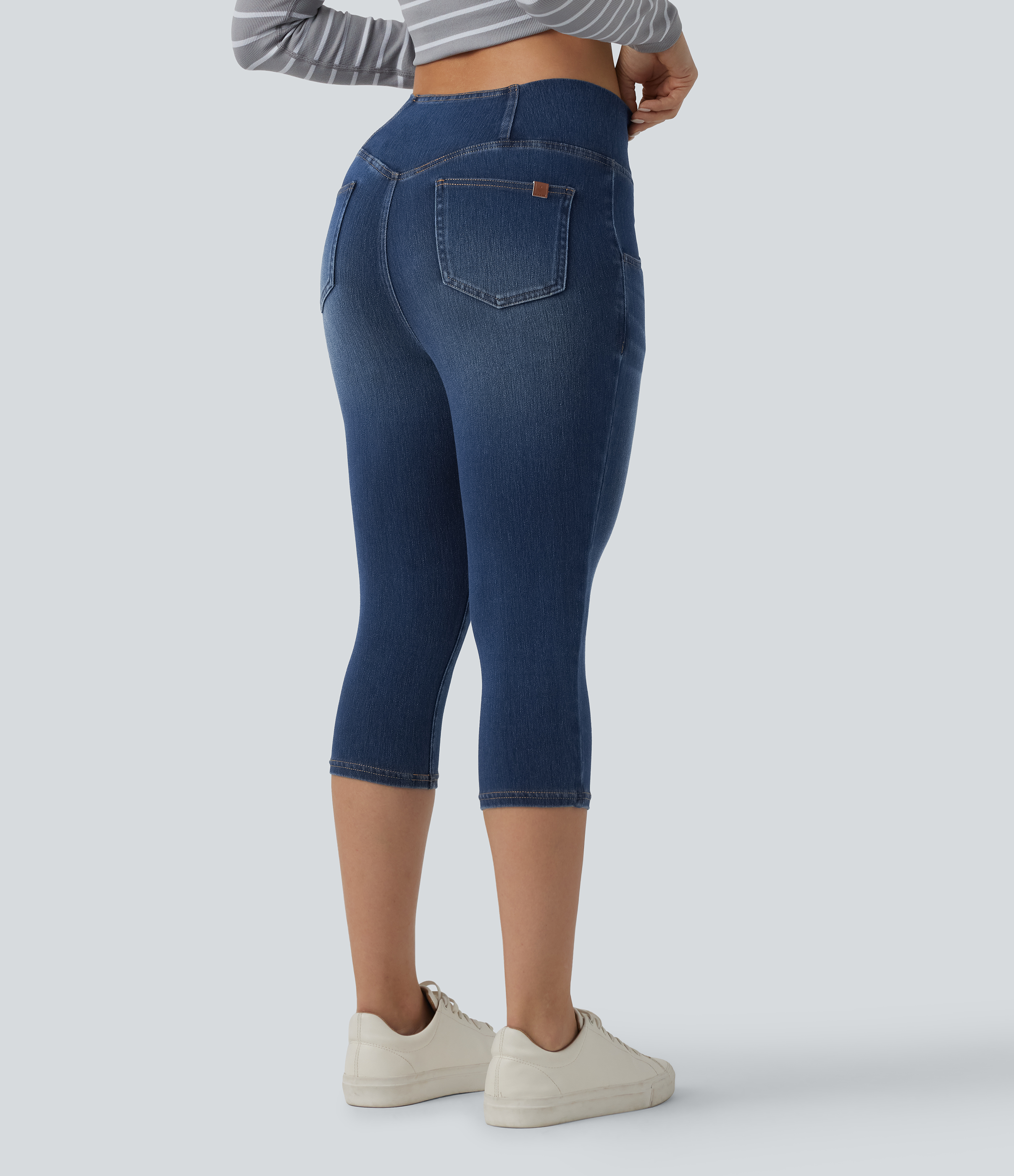 Estate Blue Denim Halara Flex™ Crossover High Waisted  Capri Casual Jegging with Pockets / 2
