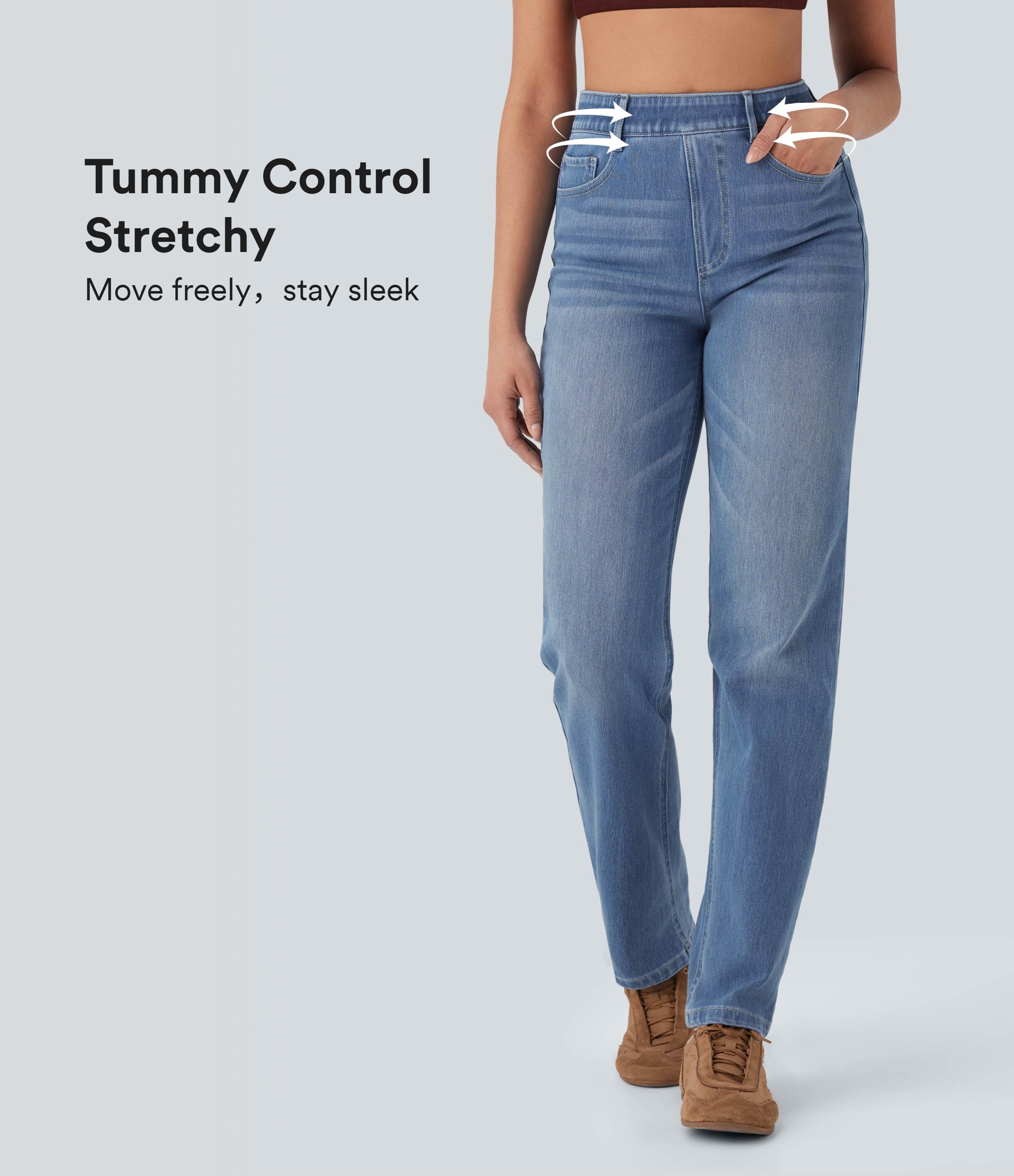 Halara Flex™ High Waisted Pockets Shaping Straight Leg Washed Women Casual Denim Jeans