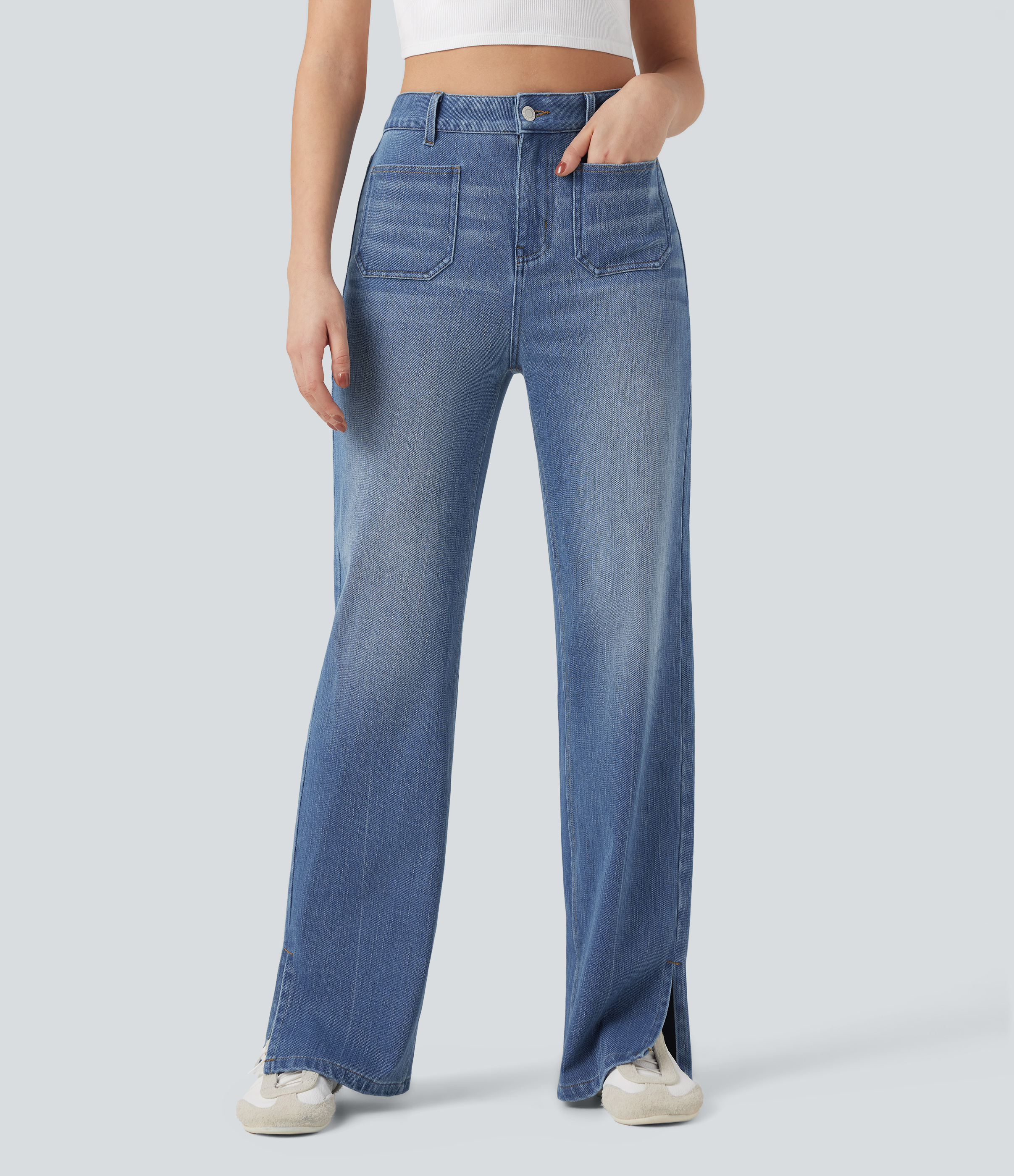 Tide Blue Denim Halara Flex™ High Waisted Straight Leg Washed Casual Jeans with Pockets / 1