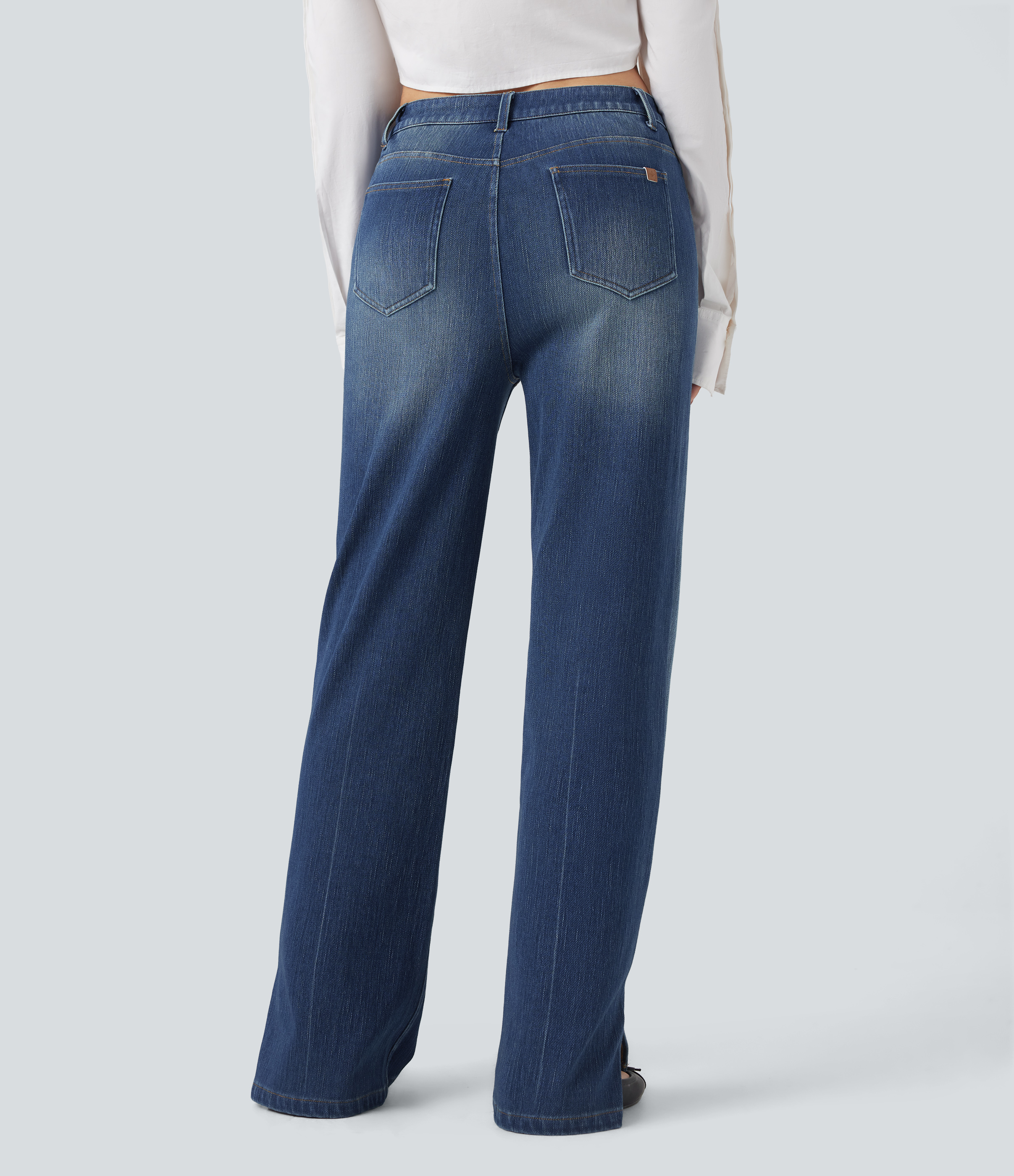 Mottled Dark Blue Denim Halara Flex™ High Waisted Straight Leg Washed Casual Jeans with Pockets / 2