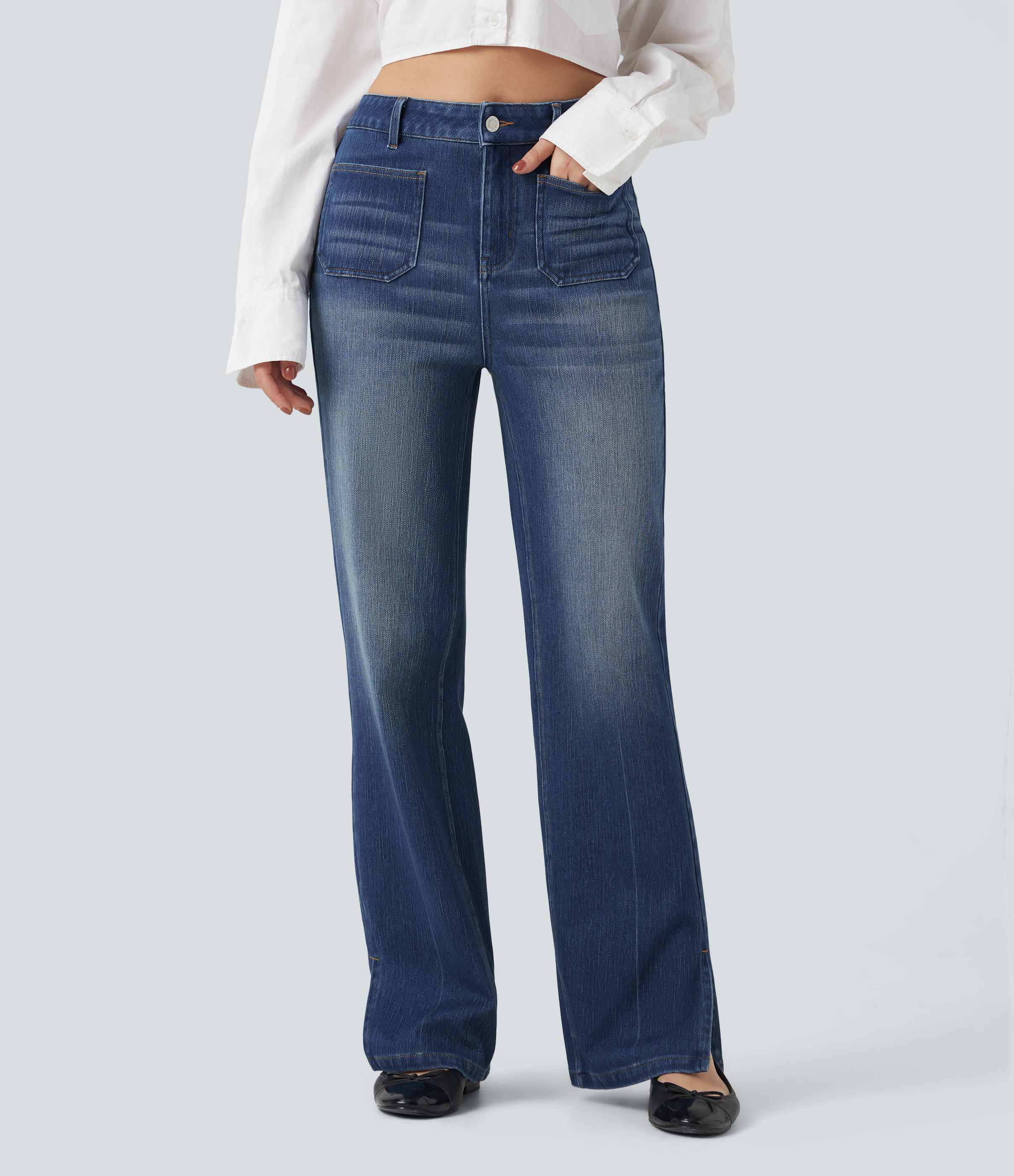 Mottled Dark Blue Denim Halara Flex™ High Waisted Straight Leg Washed Casual Jeans with Pockets / 1
