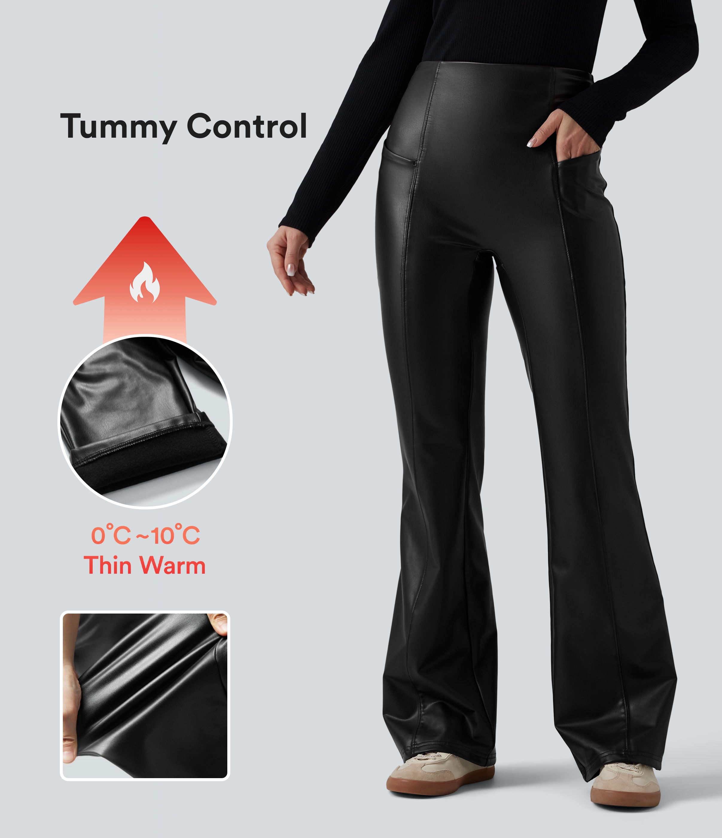 High Waisted Tummy Control Stretchy PU Fleece Casual Flare Trousers with Pockets