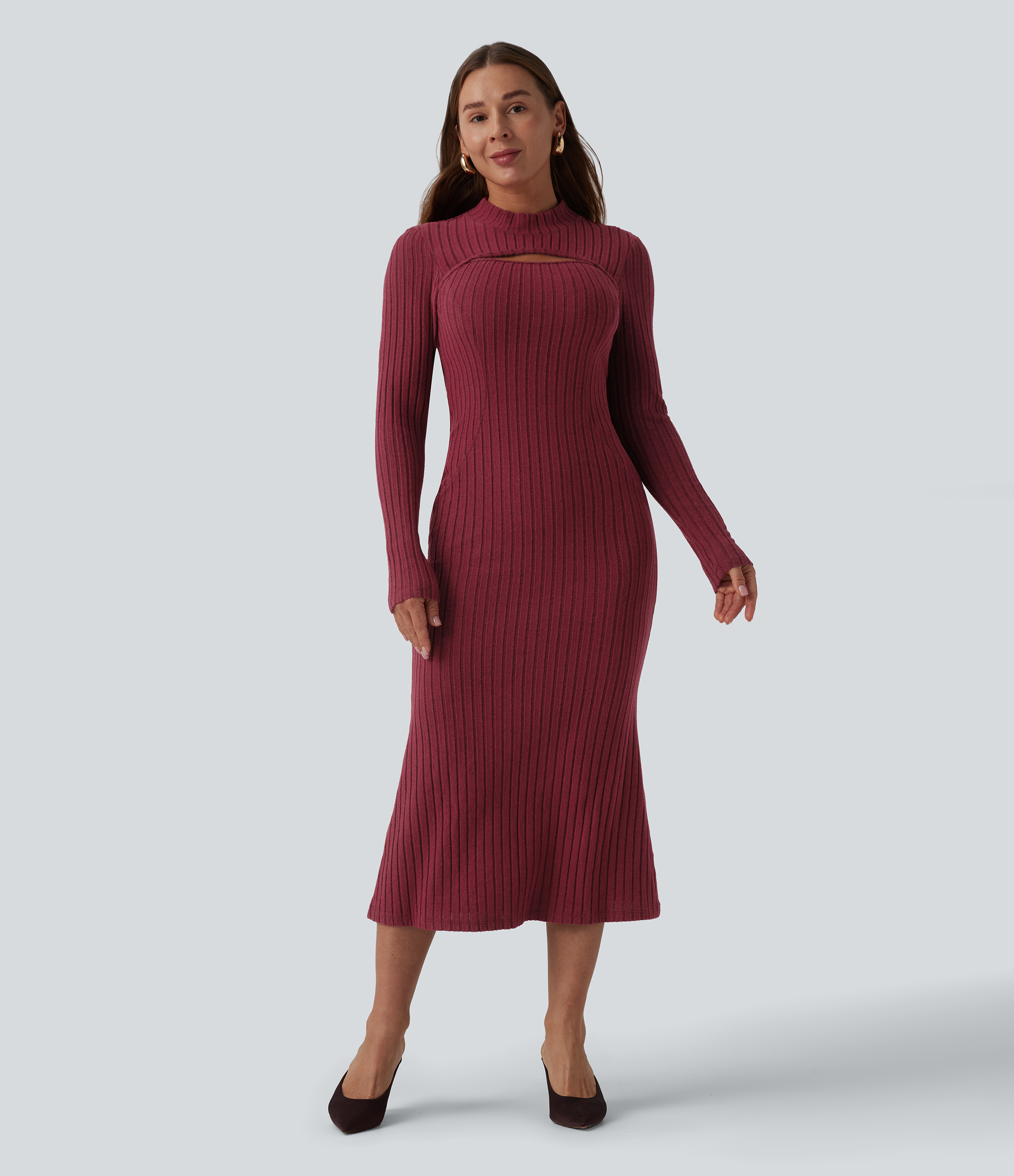 Ribbed Knit Mock Neck Long Sleeve Mermaid Midi Dress
