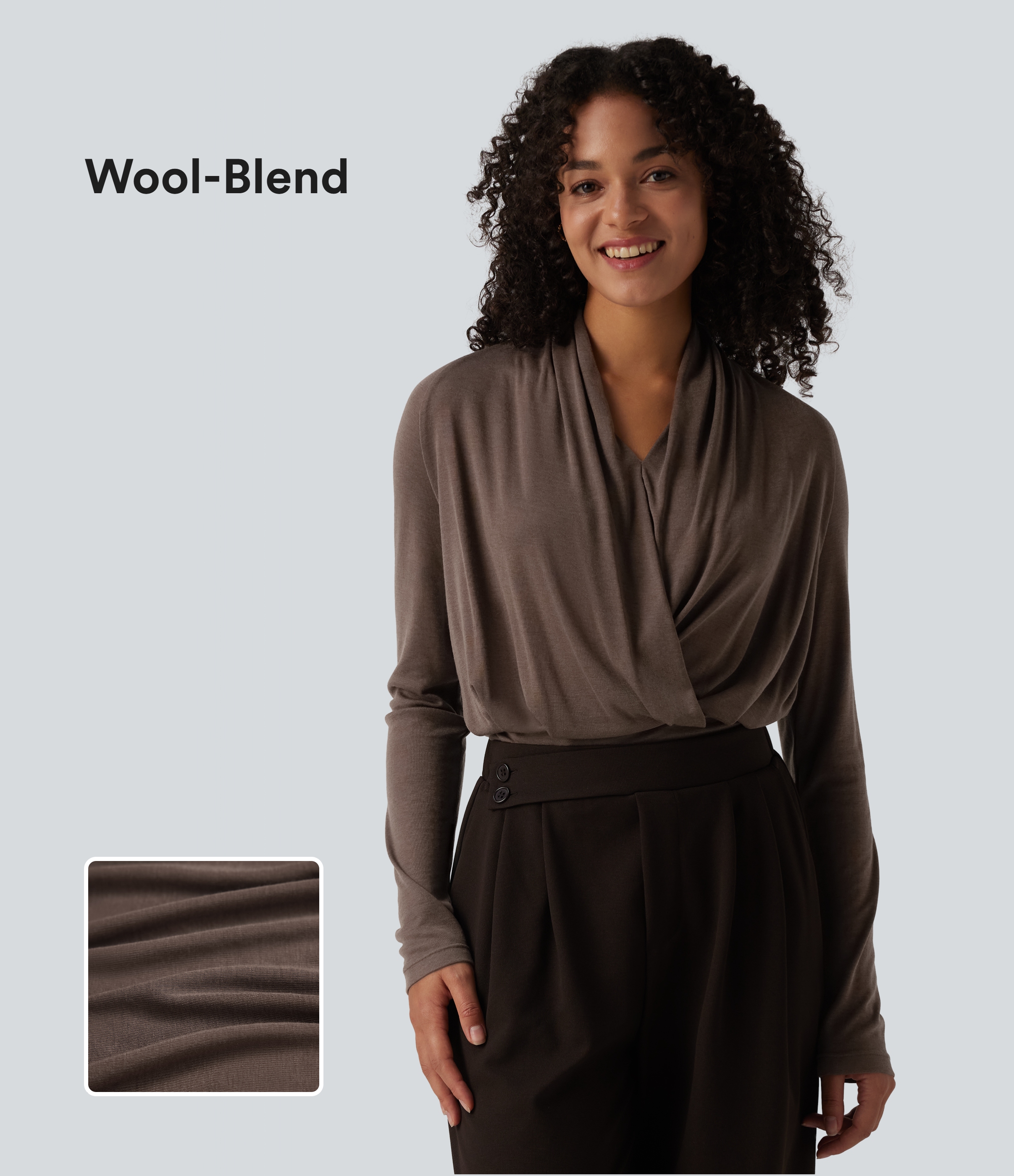 Deep V-neck Ruched Raglan Long Sleeve Work Wool-Blend Top