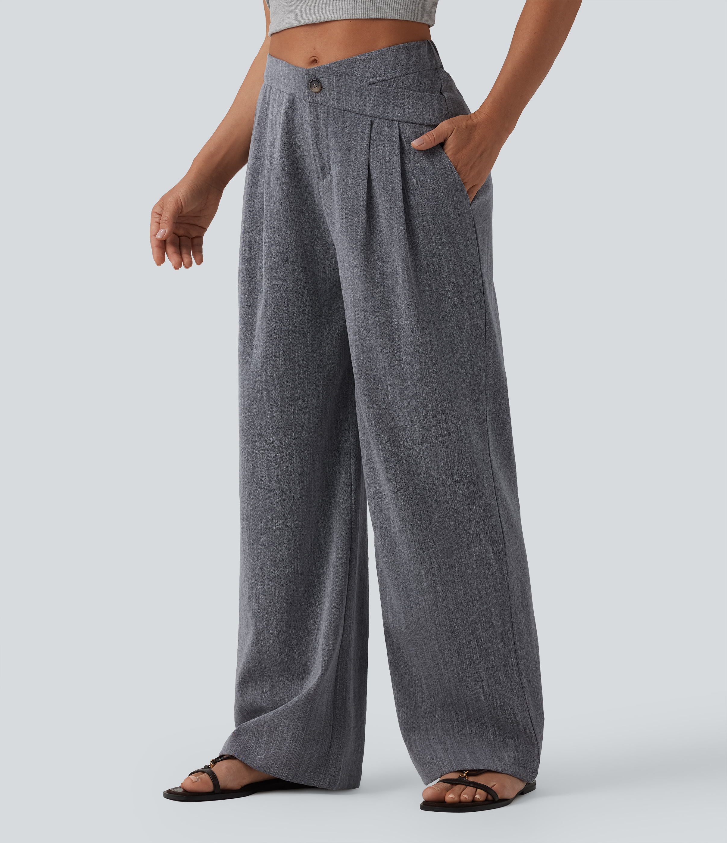 Asymmetrische, mittelhohe, plissierte, lässige, leinenähnliche Baggy-Hosen mit Taschen