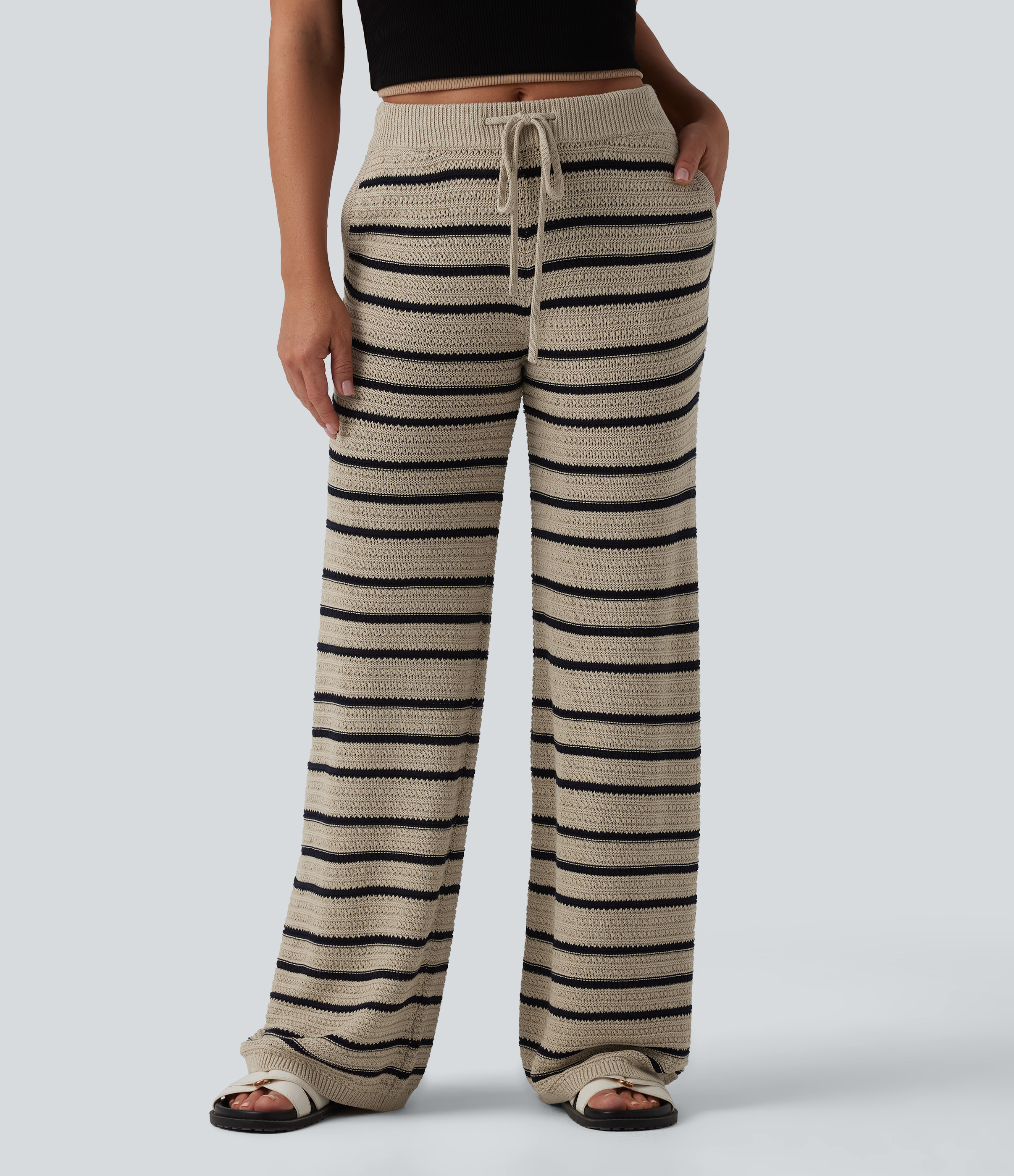 Low Rise Drawstring Color Block Stripes Casual Baggy Jumper Trousers with Pockets