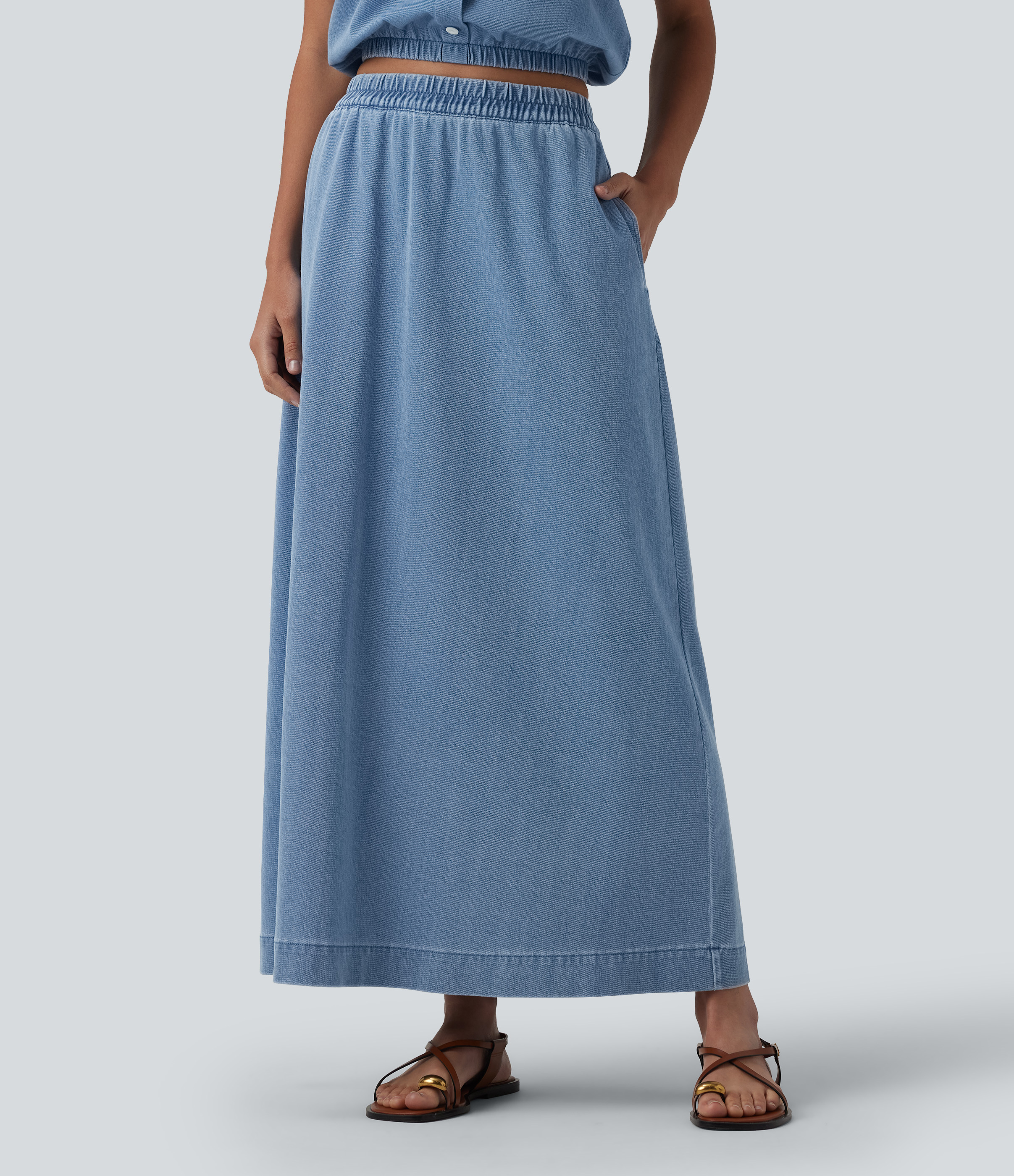 Halara Flex™ - Lässiger Denim-Maxirock in A-Linie mit hohem Bund und Seitentaschen