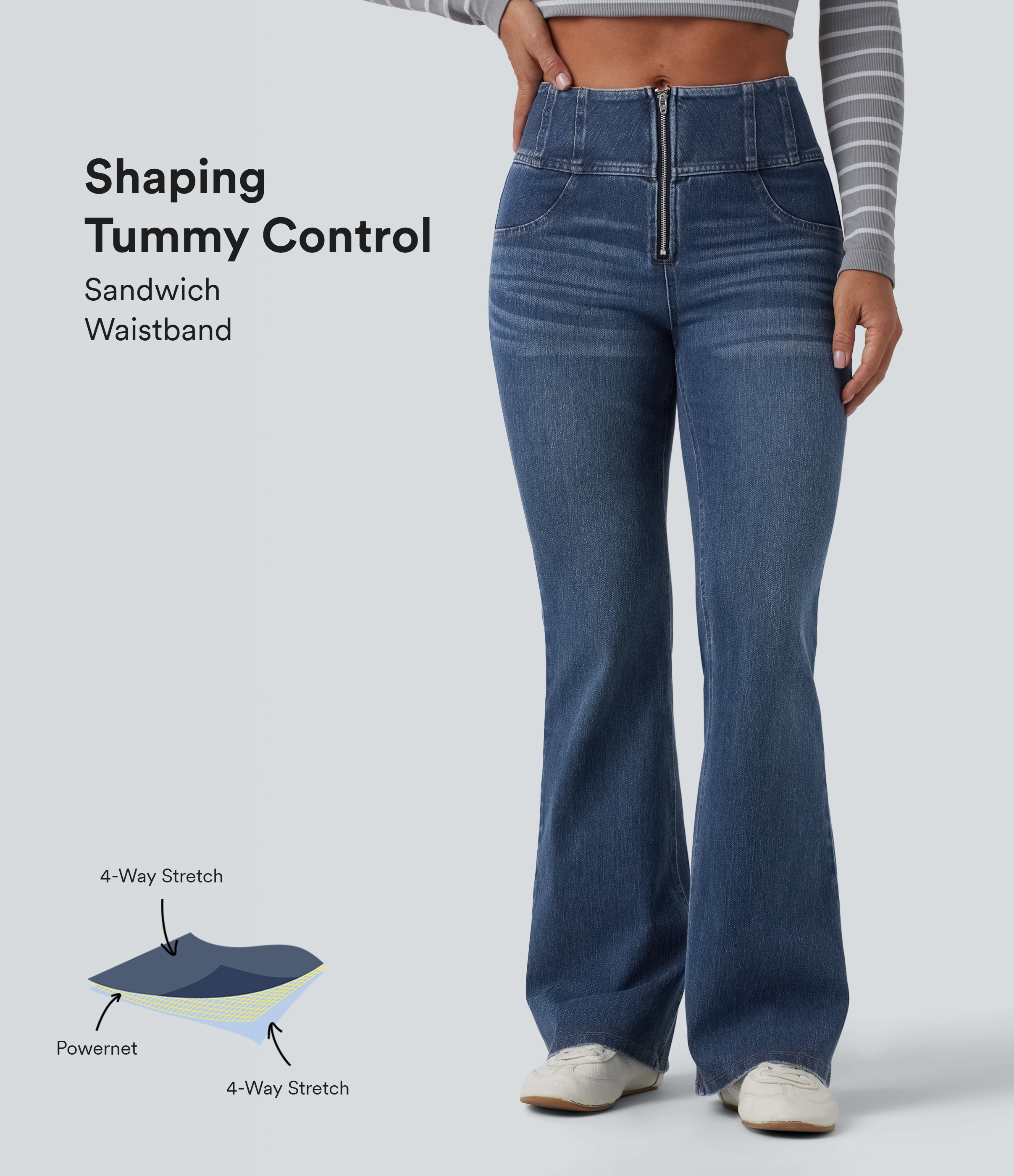 Halara Flex™ Mid Rise Tummy Control Half Zip Flare Casual Jeans with Pockets